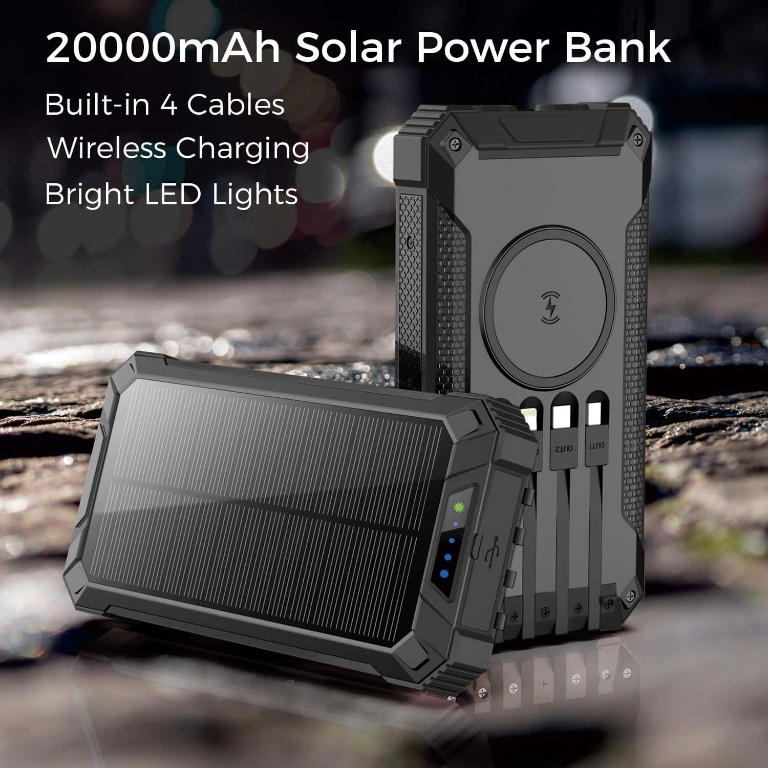 20000mAh Solar Power Bank, Built-in 4 Cables, Wireless Charging, Bright LED Lights, E, ZLNO, LLNO