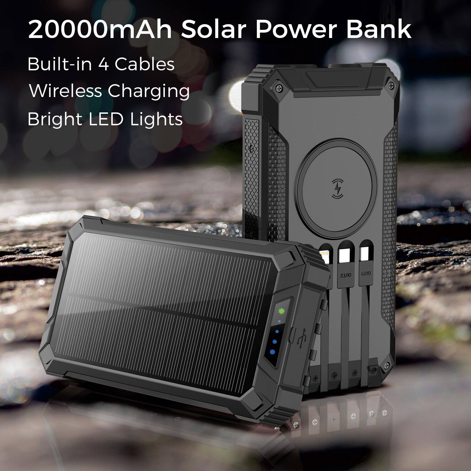 20000mAh Solar Power Bank, Built-in 4 Cables, Wireless Charging, Bright LED Lights, E, ZLNO, LLNO
