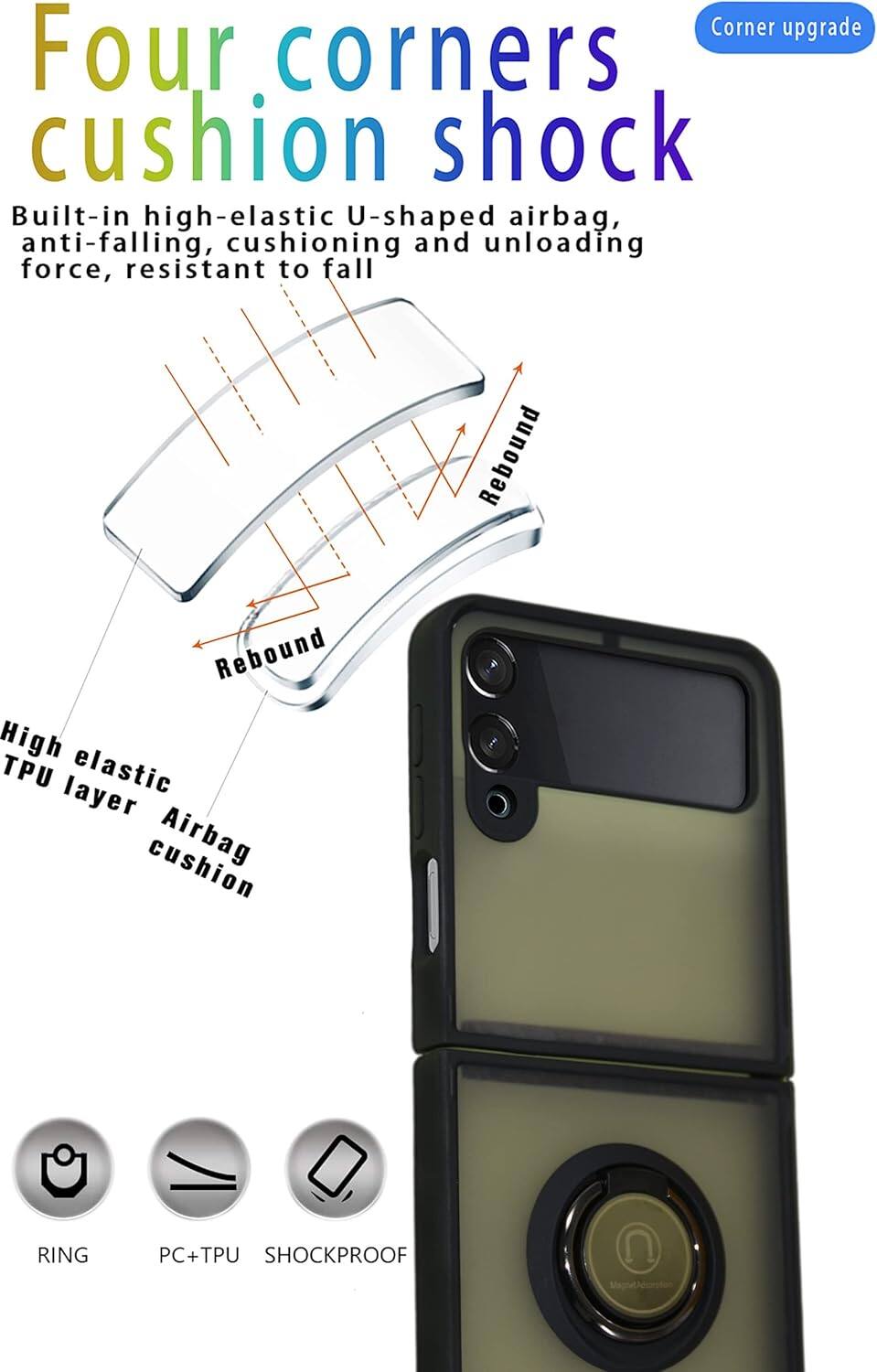 Corner upgrade, Four corners cushion shock, Built-in high-elastic U-shaped airbag, anti-falling, cushioning and unloading force, resistant to fall, Rebound, Rebound, High TPU elastic layer cushion, Airbag, RING, PC+TPU, SHOCKPROOF, O