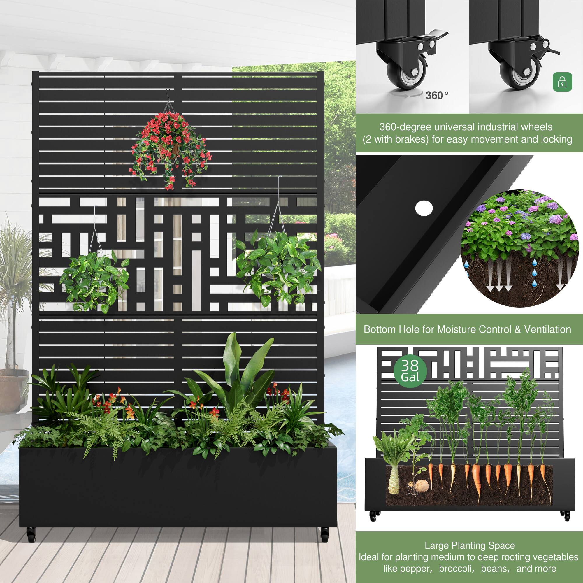360-degree universal industrial wheels (2 with brakes) for easy movement and locking

Bottom Hole for Moisture Control & Ventilation

38 Gal

Large Planting Space
Ideal for planting medium to deep rooting vegetables like pepper, broccoli, beans, and more