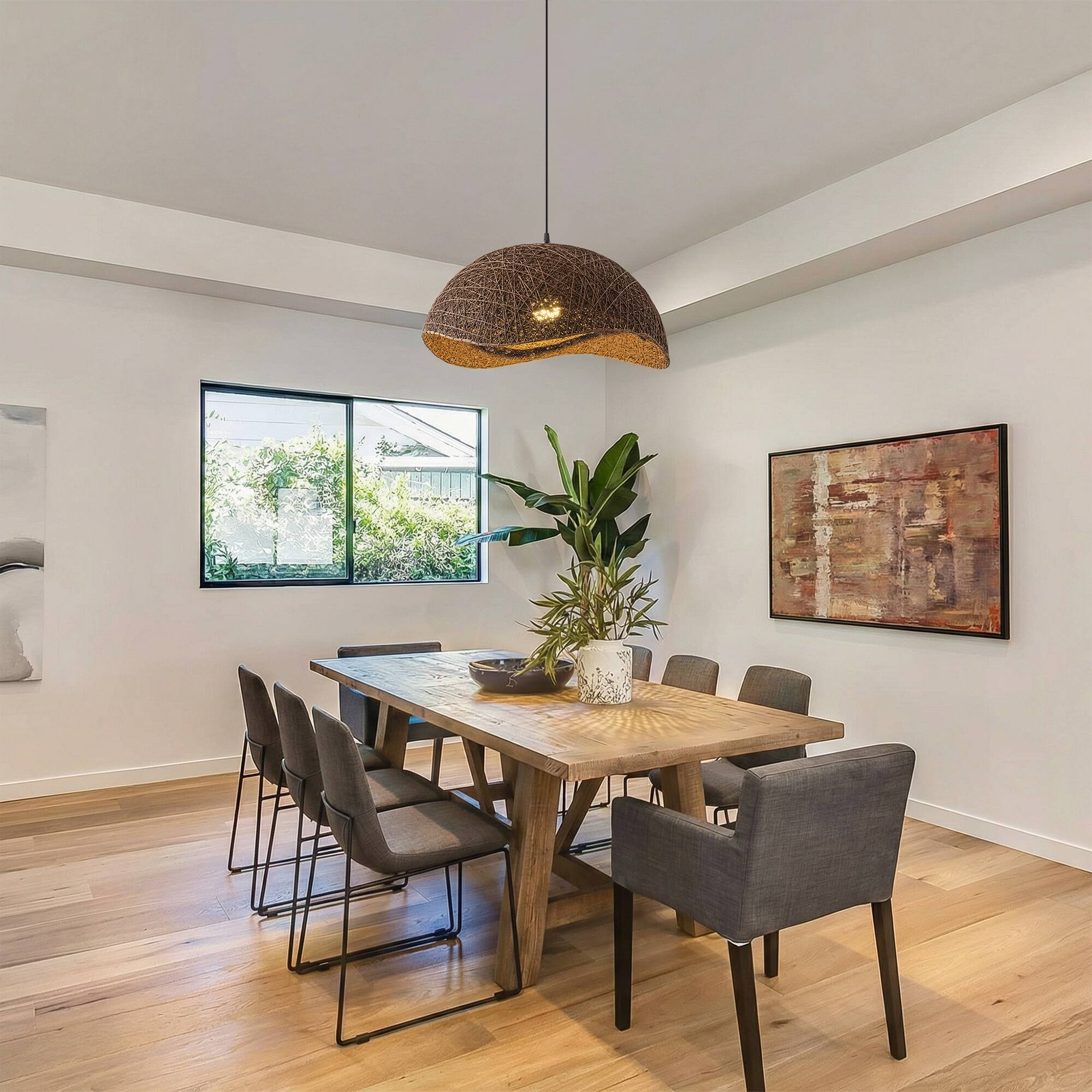 Back. Vaczon - Bird’s Nest Rattan Pendant Light Wavy Edge Woven Design, Adjustable Cord, Contemporary Pendant Lighting for Any Room - Dark Brown.