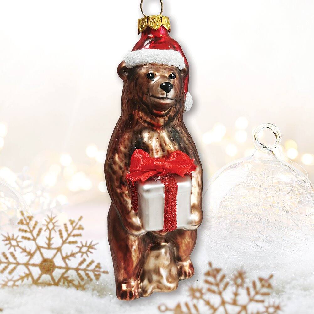 Left. OrnamentallyYou - Grizzly Bear with Santa Hat and Gift Glass Christmas Ornament - Multi-colored.