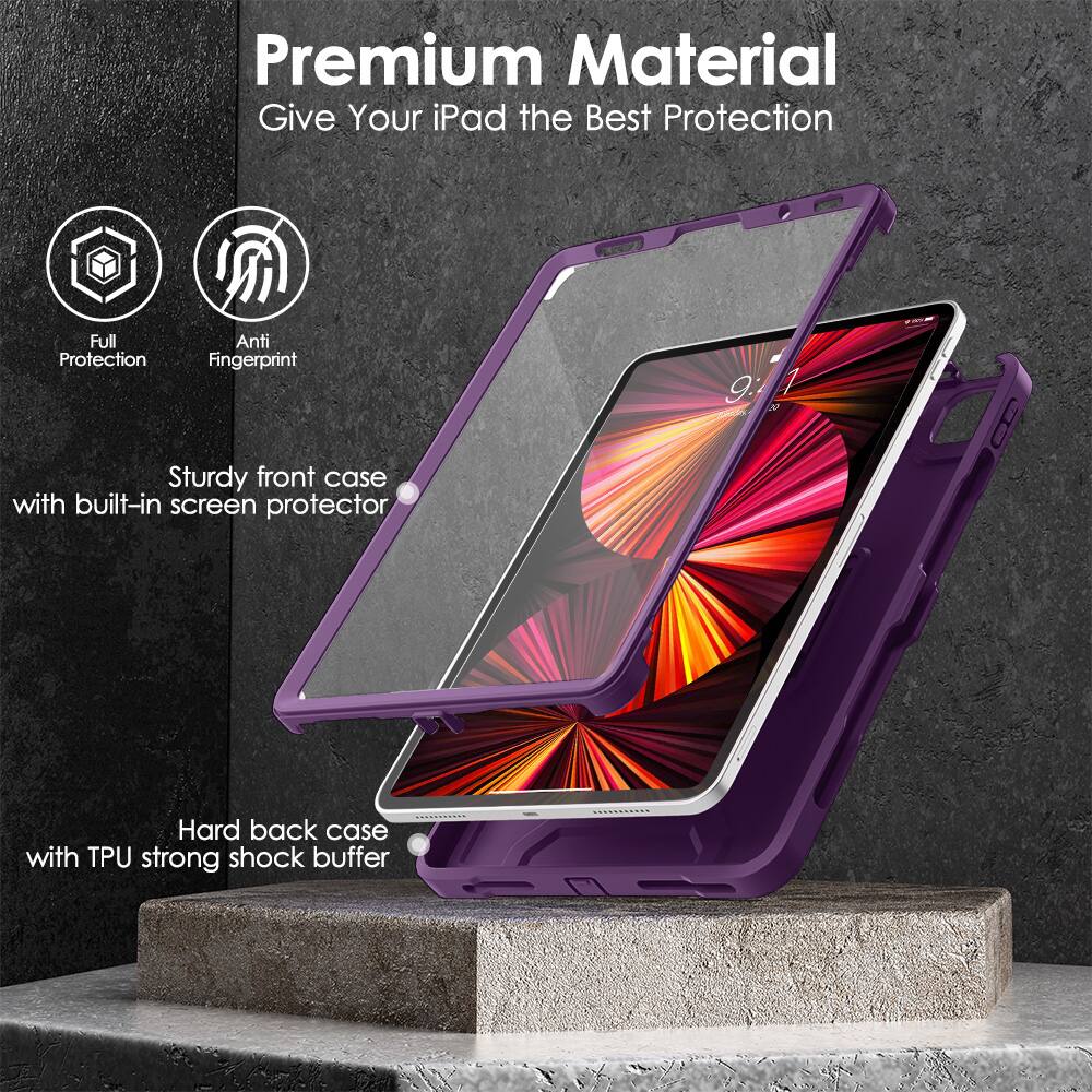 Premium Material  
Give Your iPad the Best Protection  

Full Protection  
Anti Fingerprint  

Sturdy front case with built-in screen protector  

Hard back case with TPU strong shock buffer