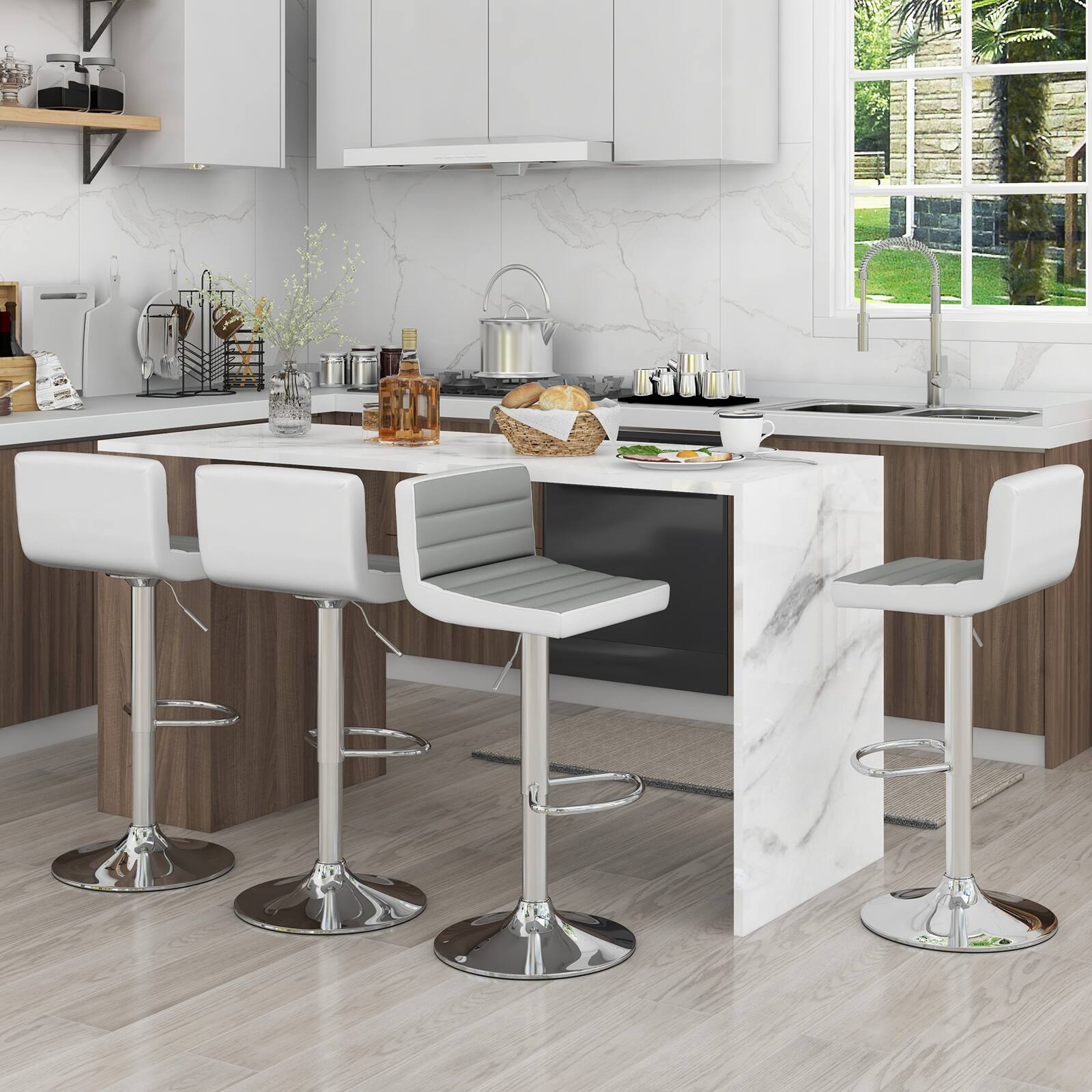 Alt View 7. Ecooso - Set of 2 Adjustable Height Bar Stools with PU Leather Seat, Modern Design for Kitchen or Dining - Gray + white.