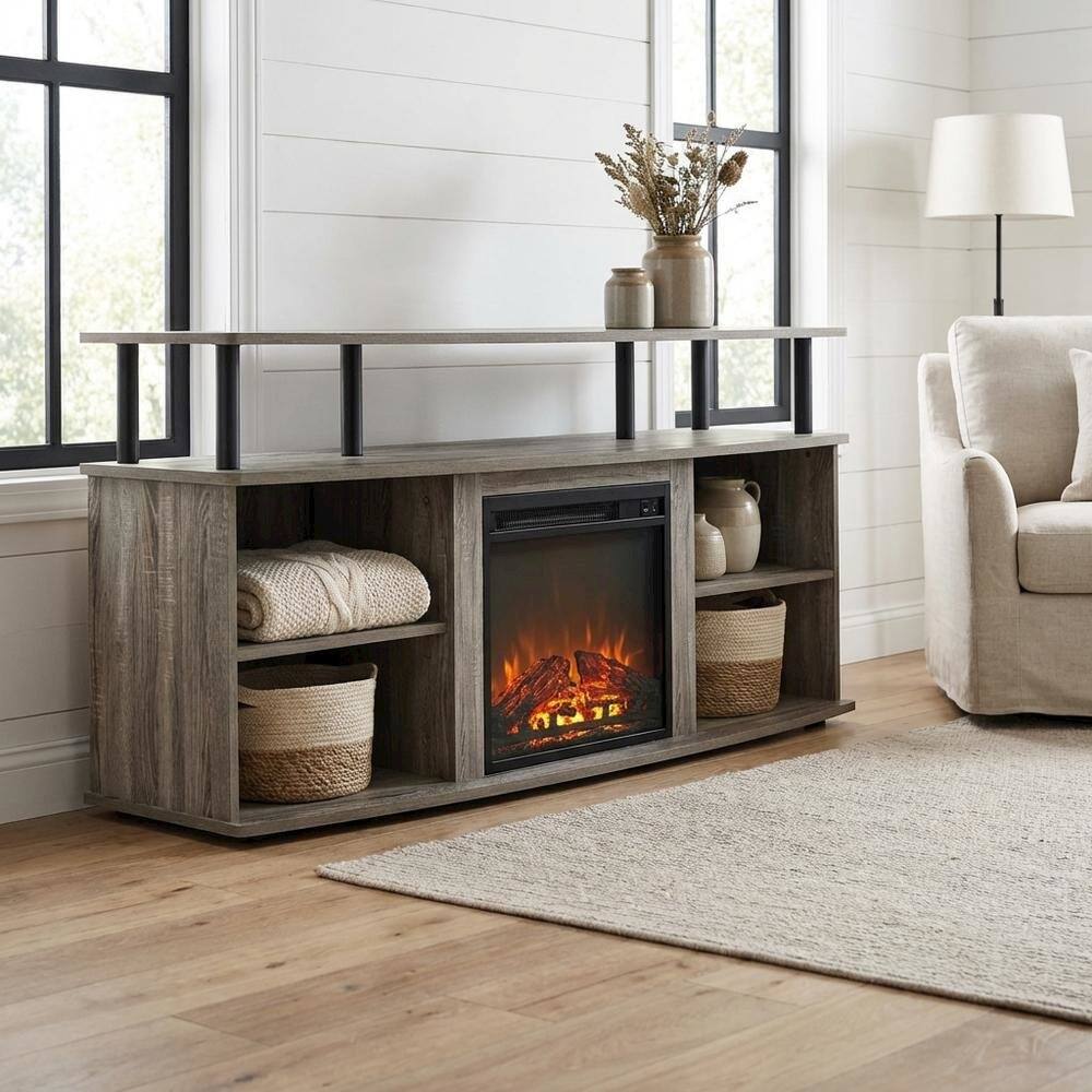 Alt View 1. FurniFact - Gray open shelving TV stand, 55-inch displays, solid rubberwood - Gray.