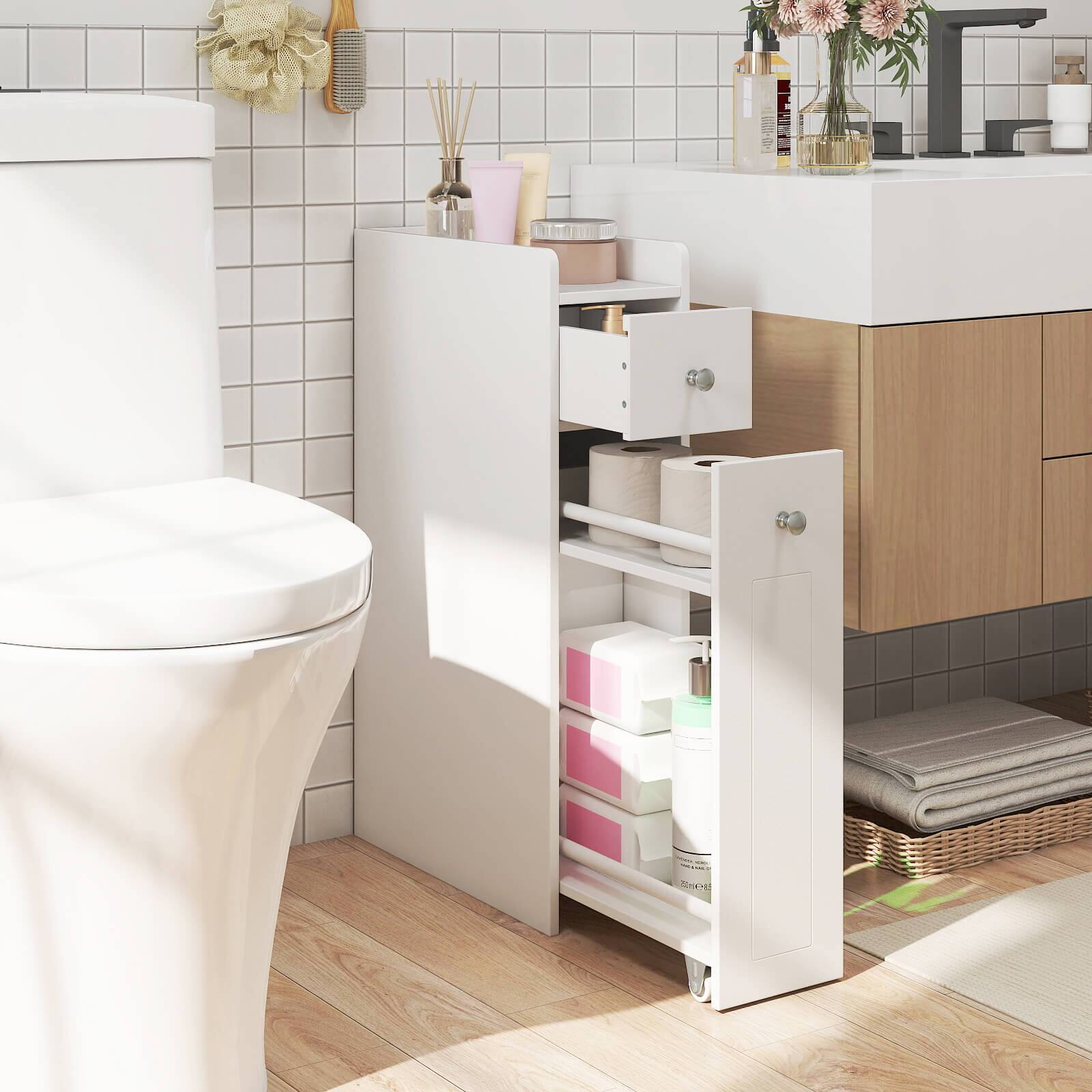 Alt View 1. Costway - Costway Small Bathroom Storage Cabinet 4-Tier Narrow Toilet Side Storage Cabinet - White.