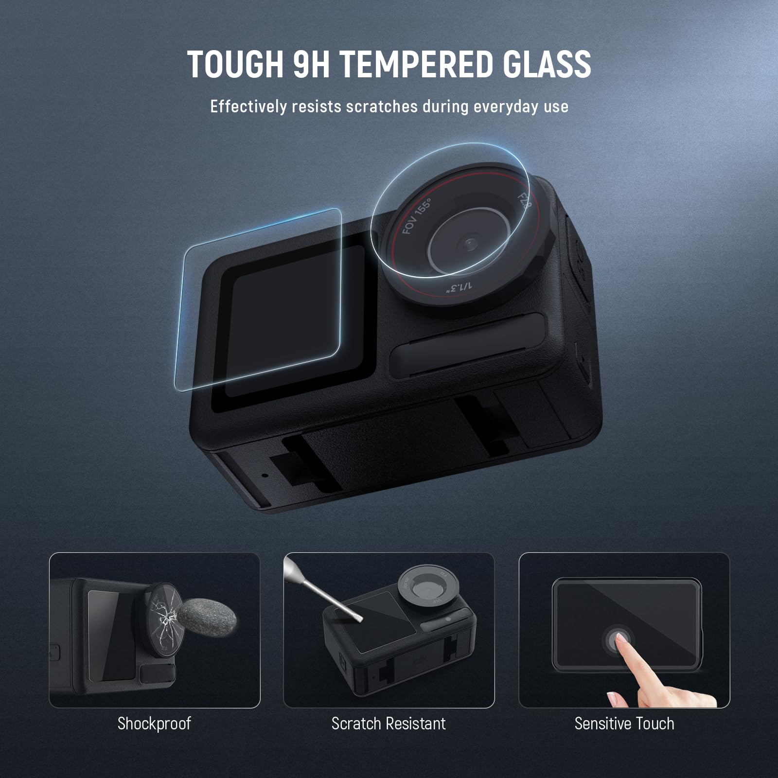 TOUGH 9H TEMPERED GLASS  
Effectively resists scratches during everyday use  

155 FOV F2S  

Shockproof  
Scratch Resistant  
Sensitive Touch