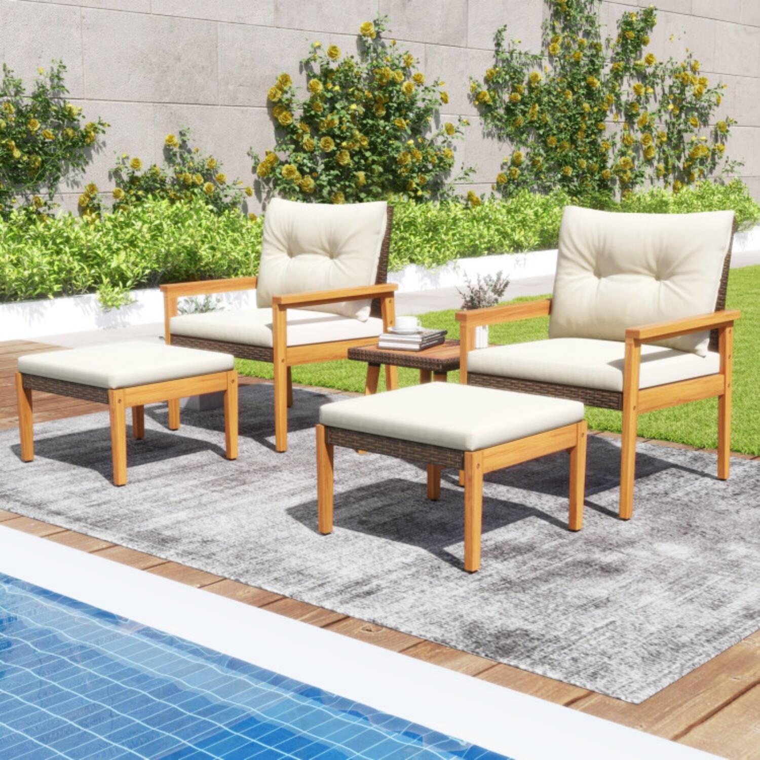 Front. Mondawe - 25 x 24.5 x 32 IN Freestanding Rattan Patio Set with 2 Chairs, 2 Ottomans & Table 5-Piece - Mix Brown+Off White.