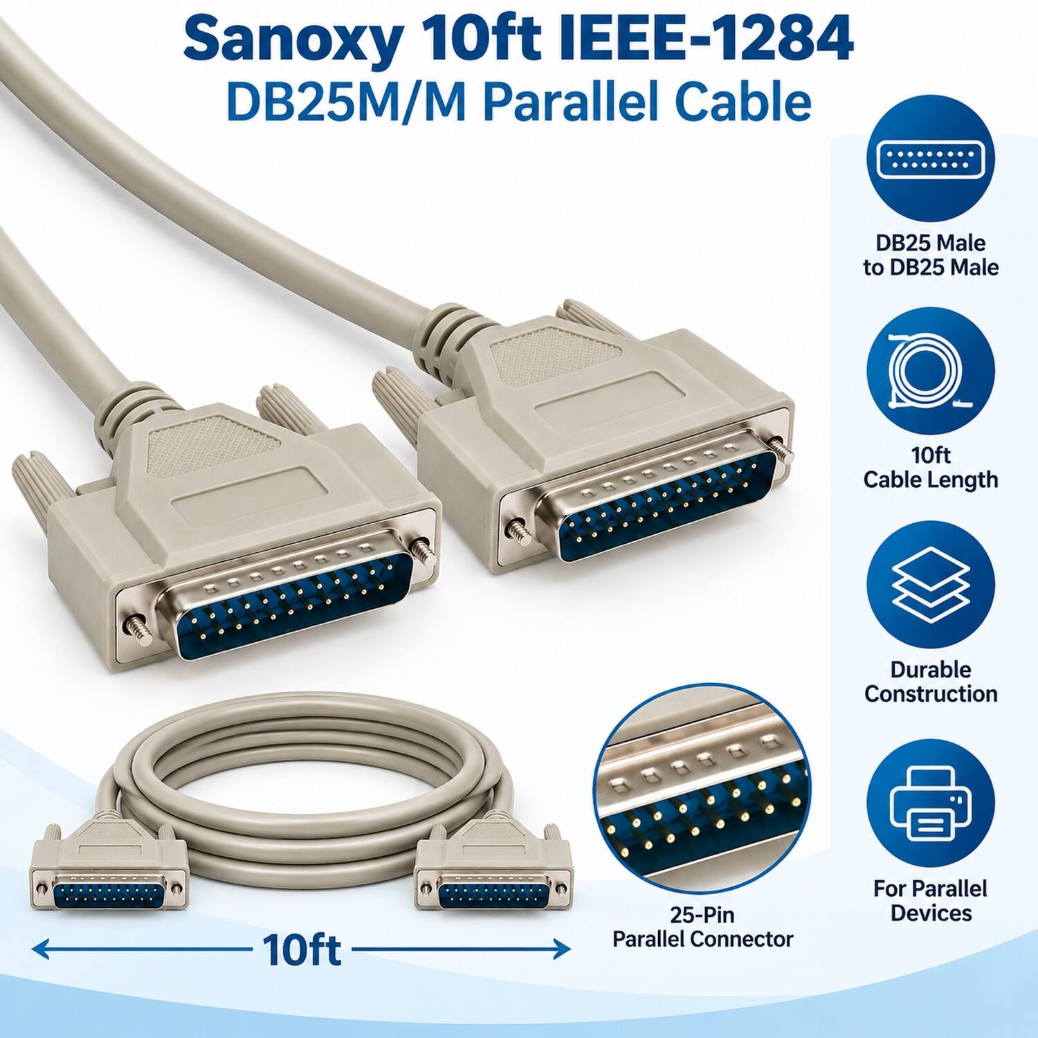 Sanoxy 10ft IEEE-1284 DB25M/M Parallel Cable

- DB25 Male to DB25 Male
- 10ft Cable Length
- Durable Construction
- 25-Pin Parallel Connector
- For Parallel Devices