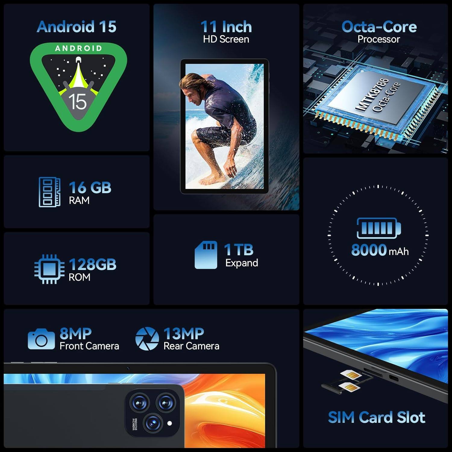 - Android 15
- 11 Inch HD Screen
- Octa-Core Processor
- 16 GB RAM
- 128GB ROM
- 1TB Expand
- 8000 mAh
- 8MP Front Camera
- 13MP Rear Camera
- SIM Card Slot