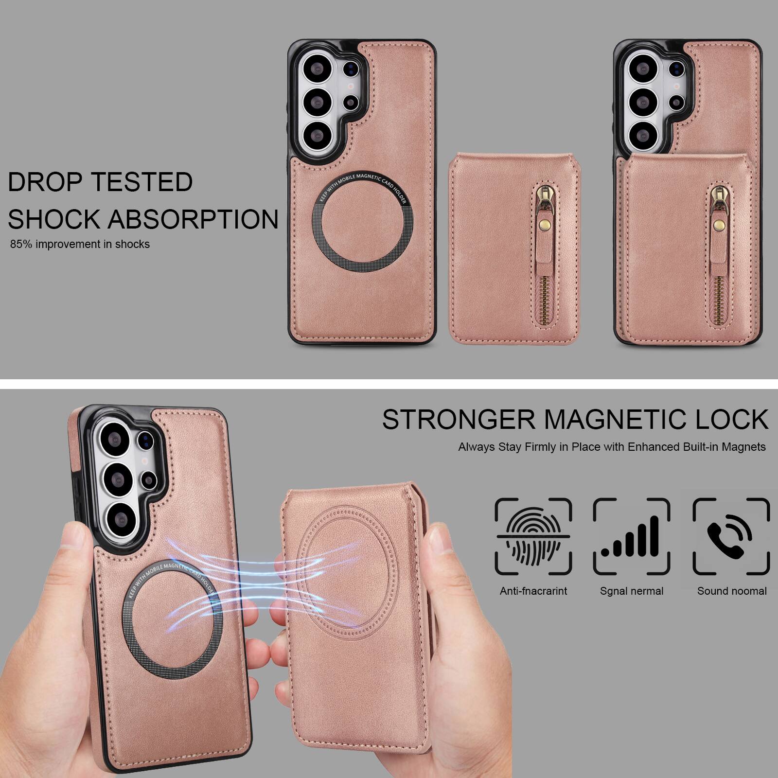 DROP TESTED  
SHOCK ABSORPTION  
85% improvement in shocks  

STRONGER MAGNETIC LOCK  
Always Stay Firmly in Place with Enhanced Built-in Magnets  

Anti-fnacrarint  
Sgnal nermal  
Sound noomal