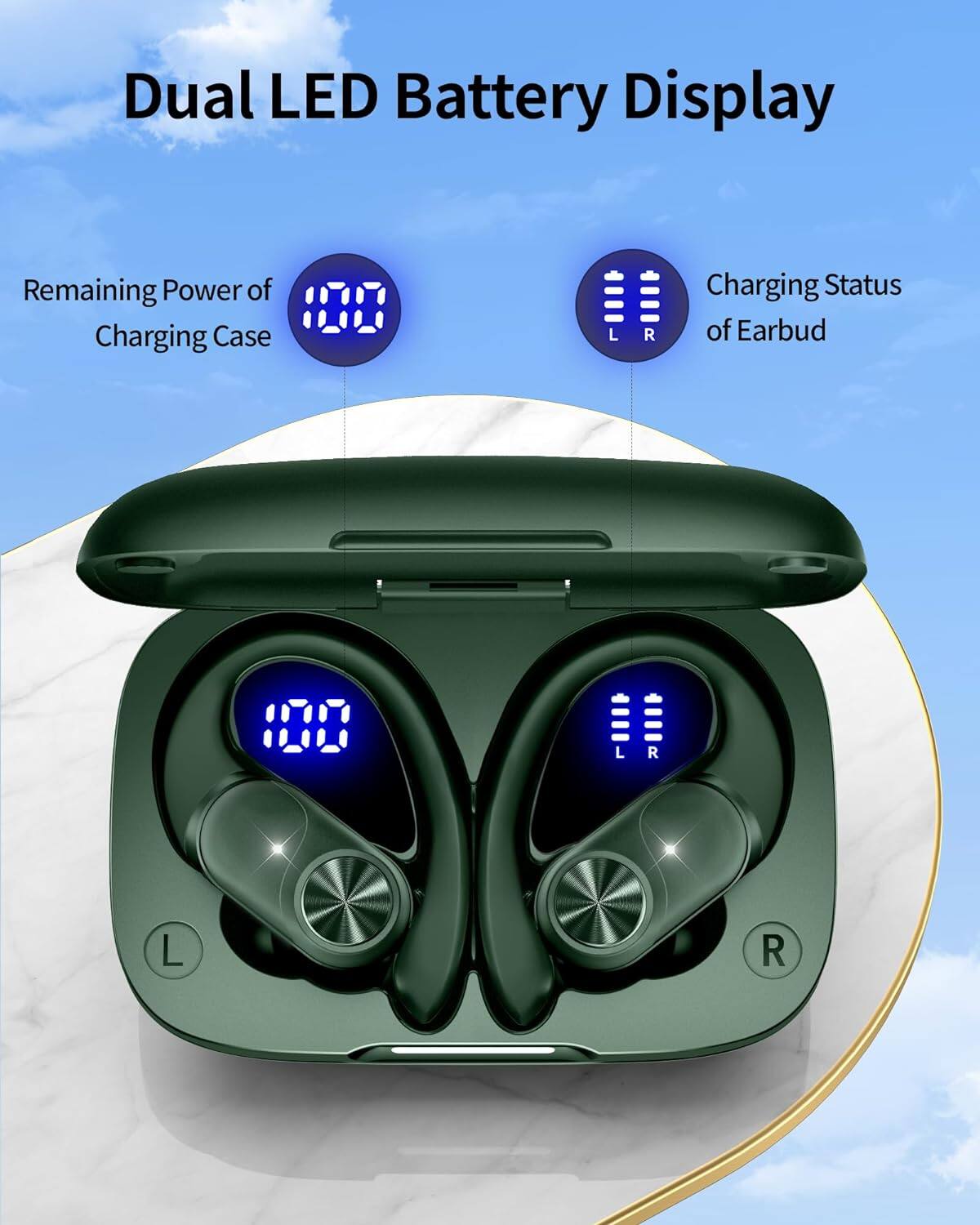 Dual LED Battery Display  
Remaining Power of Charging Case  
Charging Status of Earbud  
L R