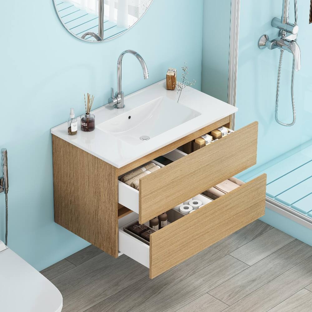 Left. Loheer - Loheer 32 inch wall mounted bathroom vanity Natural Solid Wood with Ceramic Sink - Natural.