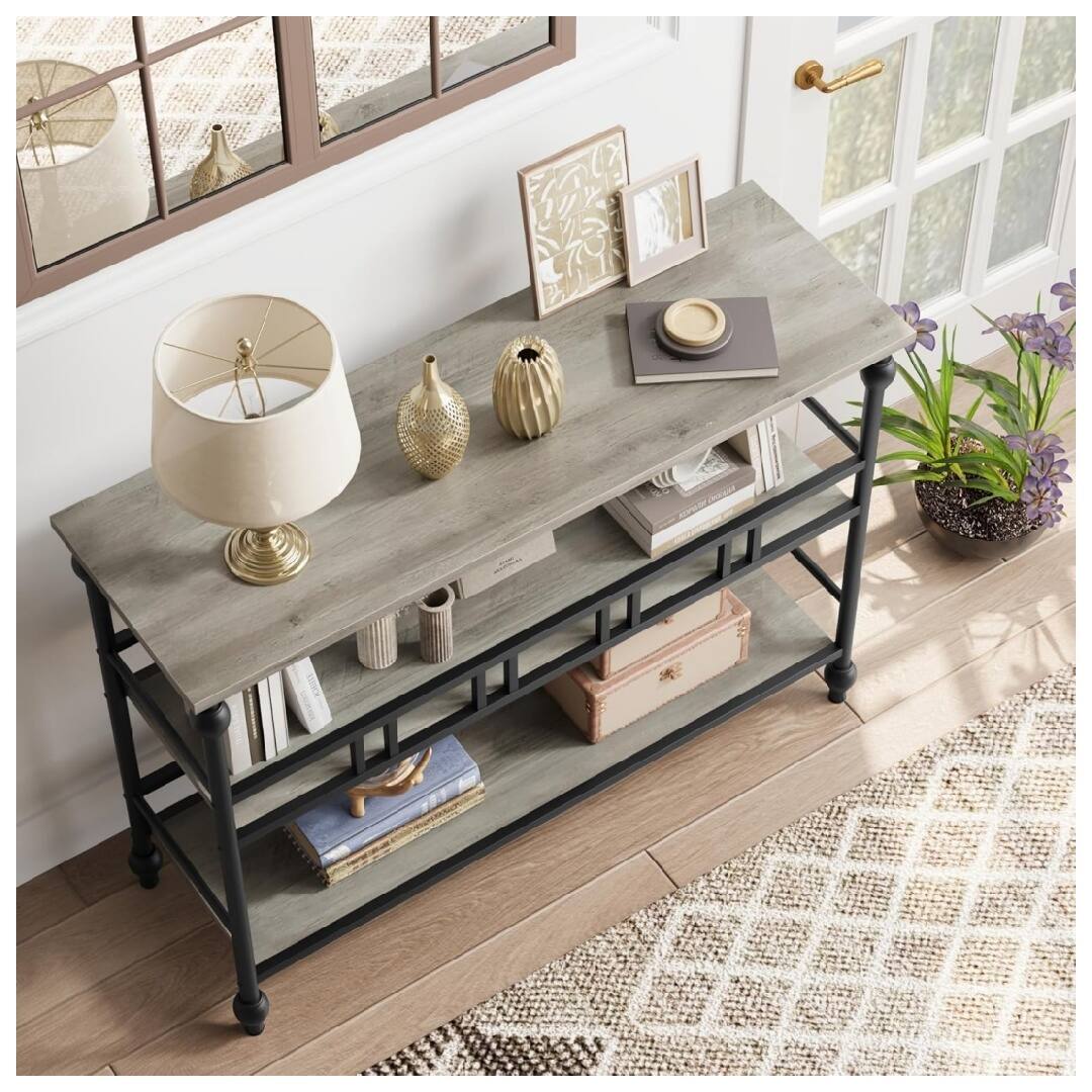 Alt View 2. GARVEE - Console Table with Storage, 43" Narrow Sofa Table for Behind Couch - 3 Tier Open Shelf Entryway Table for Hallway - Grey.