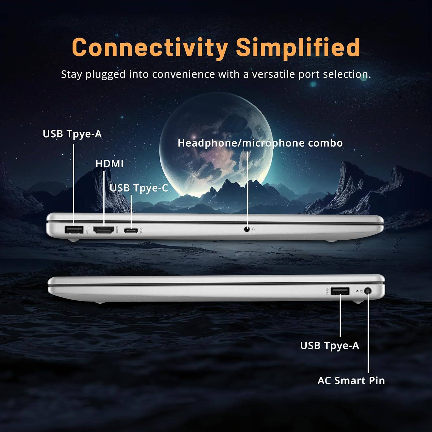 Connectivity Simplified  
Stay plugged into convenience with a versatile port selection.  

- USB Type-A  
- HDMI  
- USB Type-C  
- Headphone/microphone combo  
- USB Type-A  
- AC Smart Pin