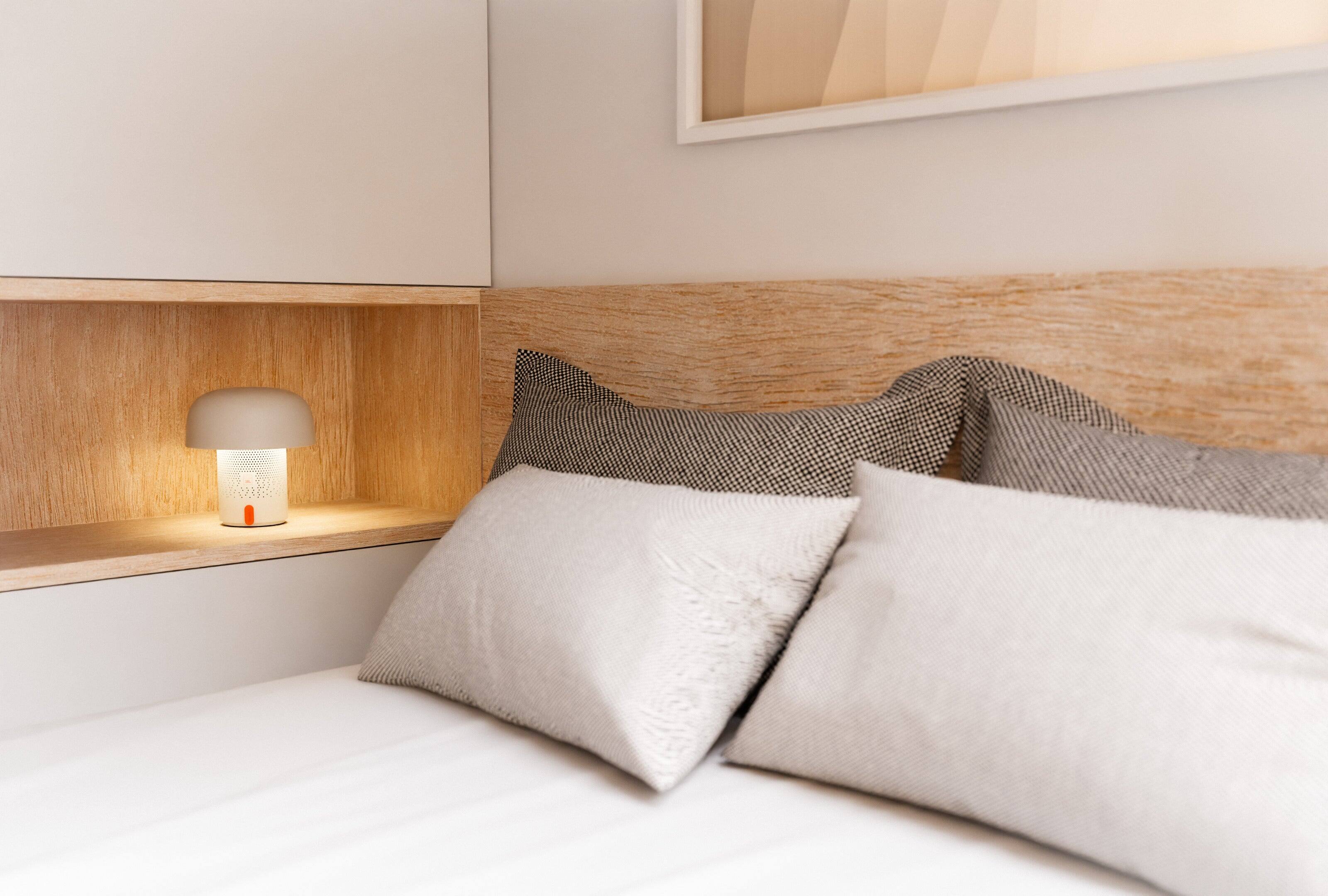 Alt View 5. Kooduu - Sensa Play- White Lamp, Cordless rechargeable indoor/outdoor speaker Lamp, Sound by JBL.