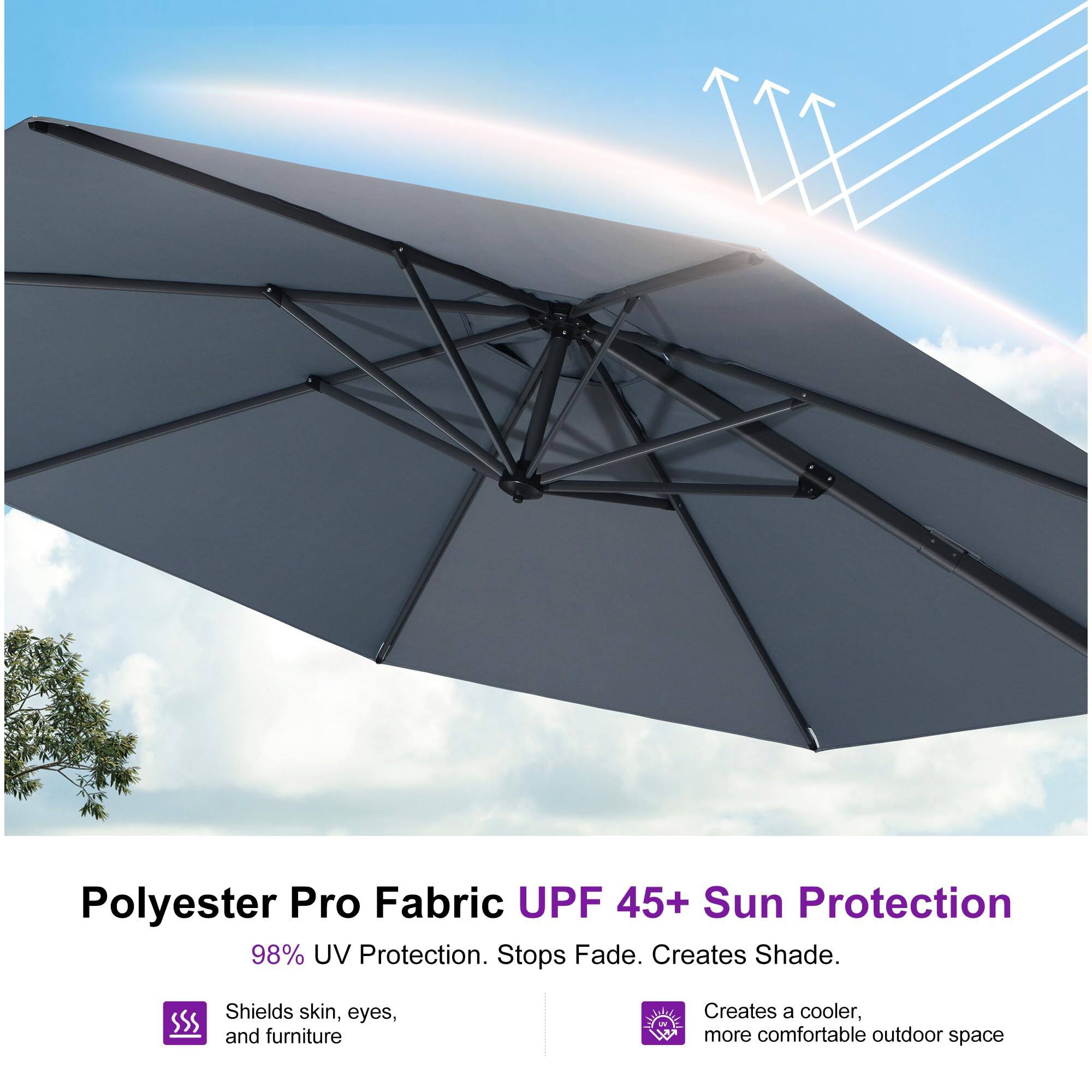 Polyester Pro Fabric UPF 45+ Sun Protection

98% UV Protection. Stops Fade. Creates Shade.

- Shields skin, eyes, and furniture
- Creates a cooler, more comfortable outdoor space