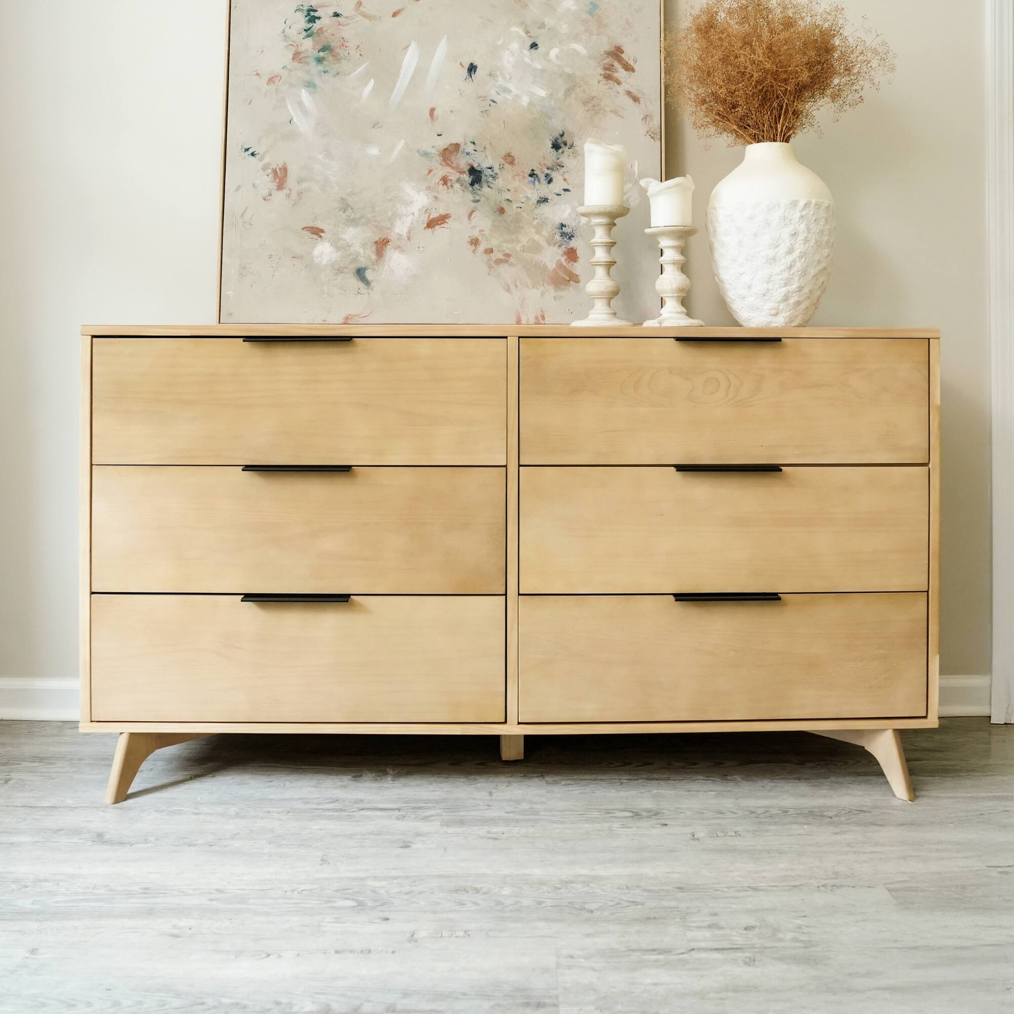 Alt View 1. Plank+Beam - Haven 6 Drawer Dresser with Black Handle, Blonde - Blonde.