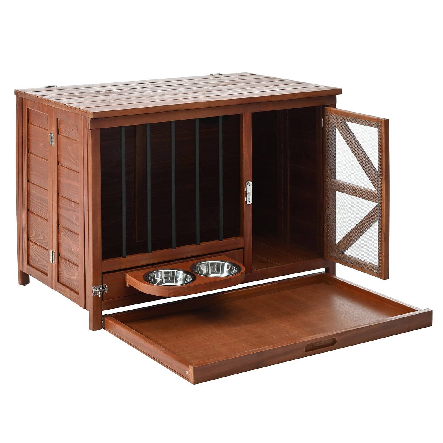 Alt View 4. Pefilos - 43" Wood Foldable Dog Crate with 360° Rotating Feeder, Removable Tray, Multi-Functional Kennel for Medium to Small Dogs.