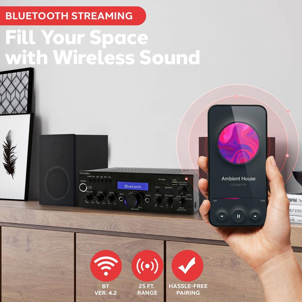 BLUETOOTH STREAMING  
Fill Your Space with Wireless Sound  

Ambient House  
Lounge hits  

BT VER. 4.2  
25 FT. RANGE  
HASSLE-FREE PAIRING