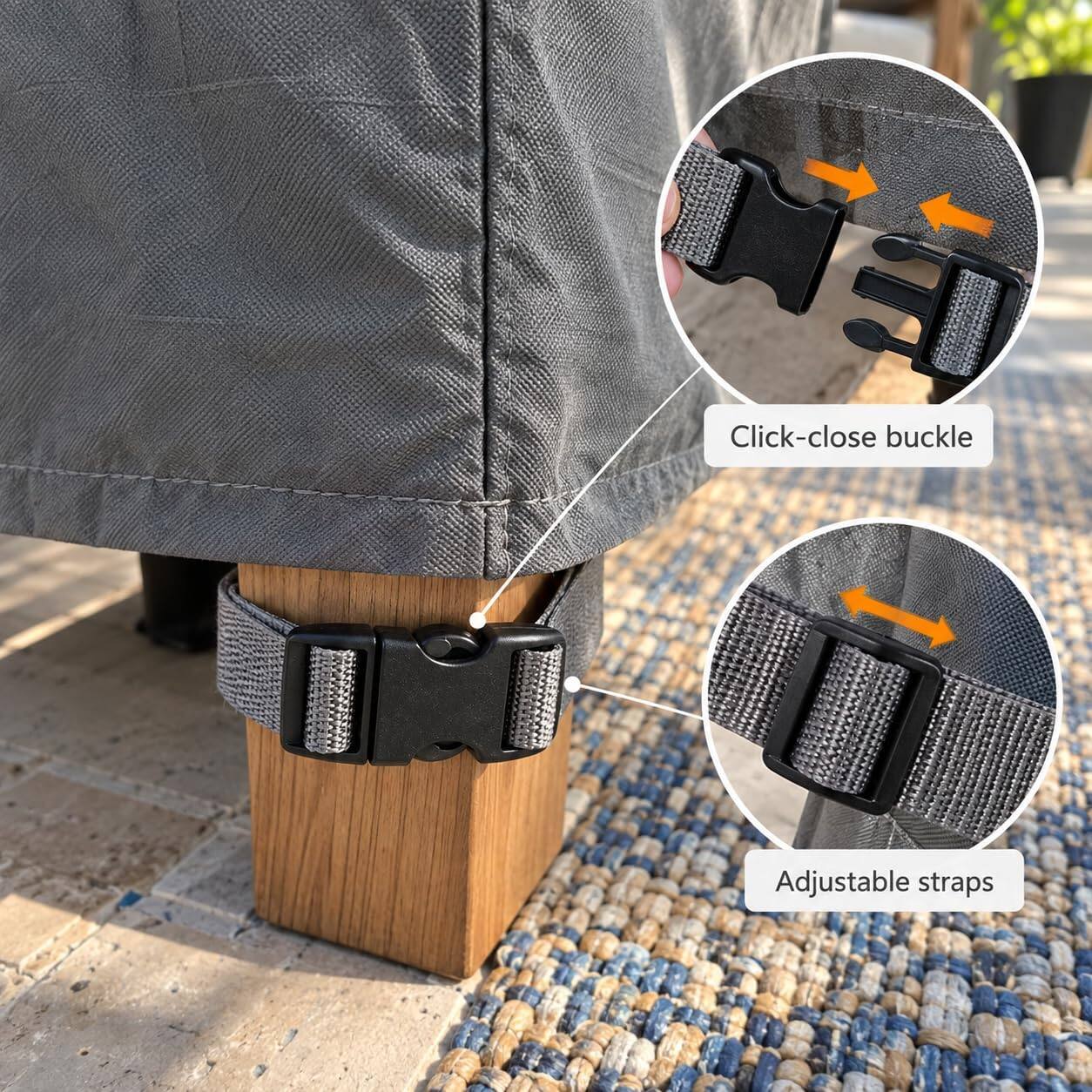 Click-close buckle  
Adjustable straps