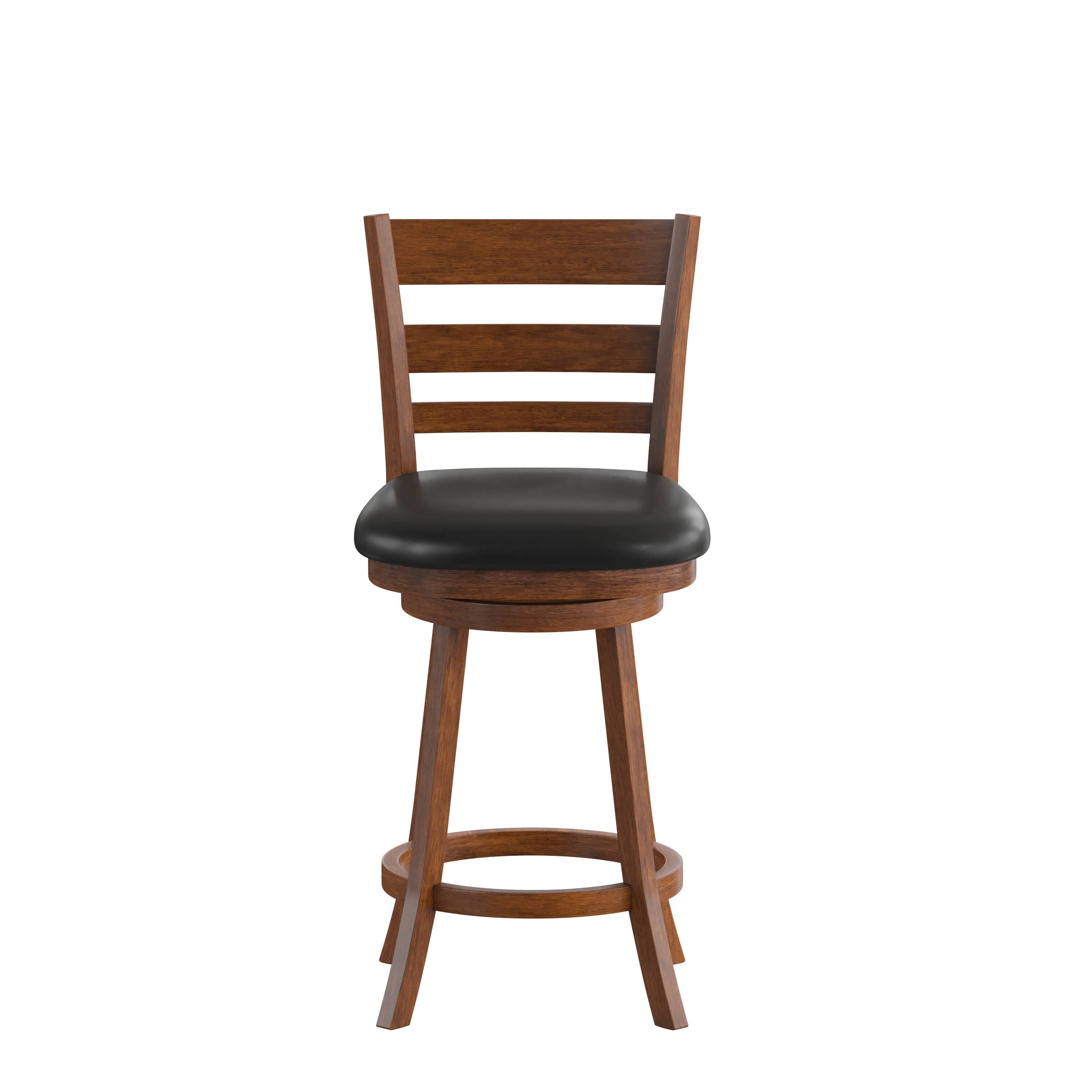 Angle. Flash Furniture - Zerrick Commercial Grade Wood Classic Ladderback Swivel Counter Height Barstool with Padded Black LeatherSoft Seat, Anti - Brown.