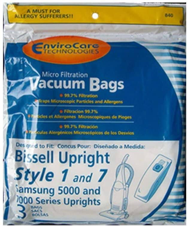 A MUST FOR ALLERGY SUFFERERS!!  
840 Envirocare TECHNOLOGIES Micro Filtration Vacuum Bags  
99.7% Filtration Traps Microscopic Particles and Allergens  
Filtración 99.7% Partículas y Alergénicos Microscópicos de Pieges  
Filtración 99.7% Partículas Alergénicos Microscópicos de los Desvios  
Diseñado a Medida:  
Bissell Upright Style 1 and 7  
Samsung 5000 and 1000 Series Uprights  
BAGS 3 SACS BOLSAS