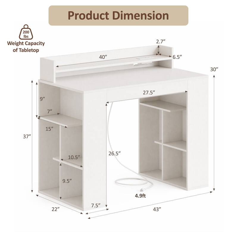 Product Dimension  
Weight Capacity of Tabletop: 200 lbs  
Dimensions: 40" x 2.7" x 6.5" x 30" x 9" x 27.5" x 7" x 37" x 15" x 10.5" x 26.5" x 9.5" x 4.9ft x 22" x 7.5" x 43"
