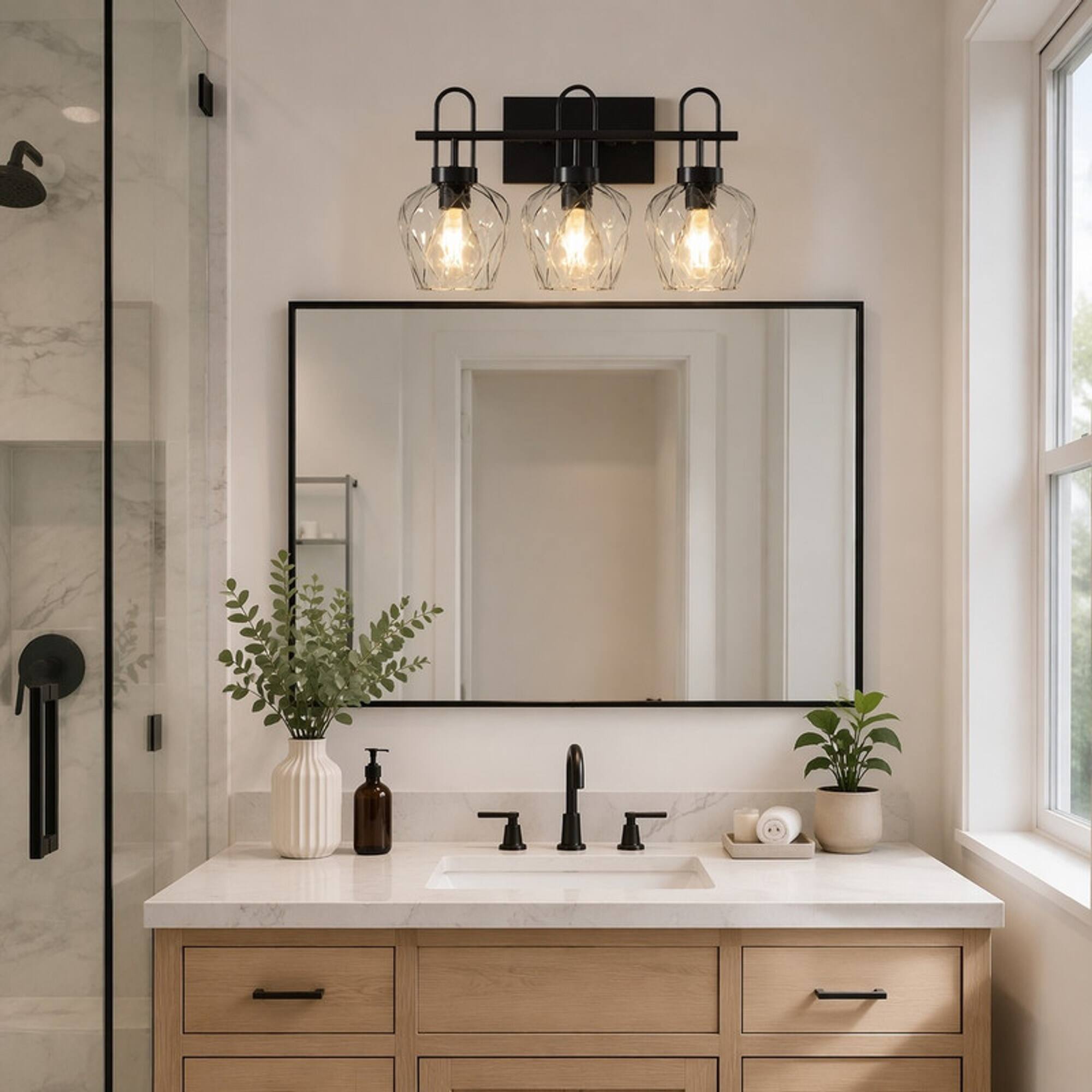 Back. RYHNUYNE - Black 3‑Light Bathroom Vanity Light,Wall Sconce with Clear Glass Shade for Bathroom - Black.