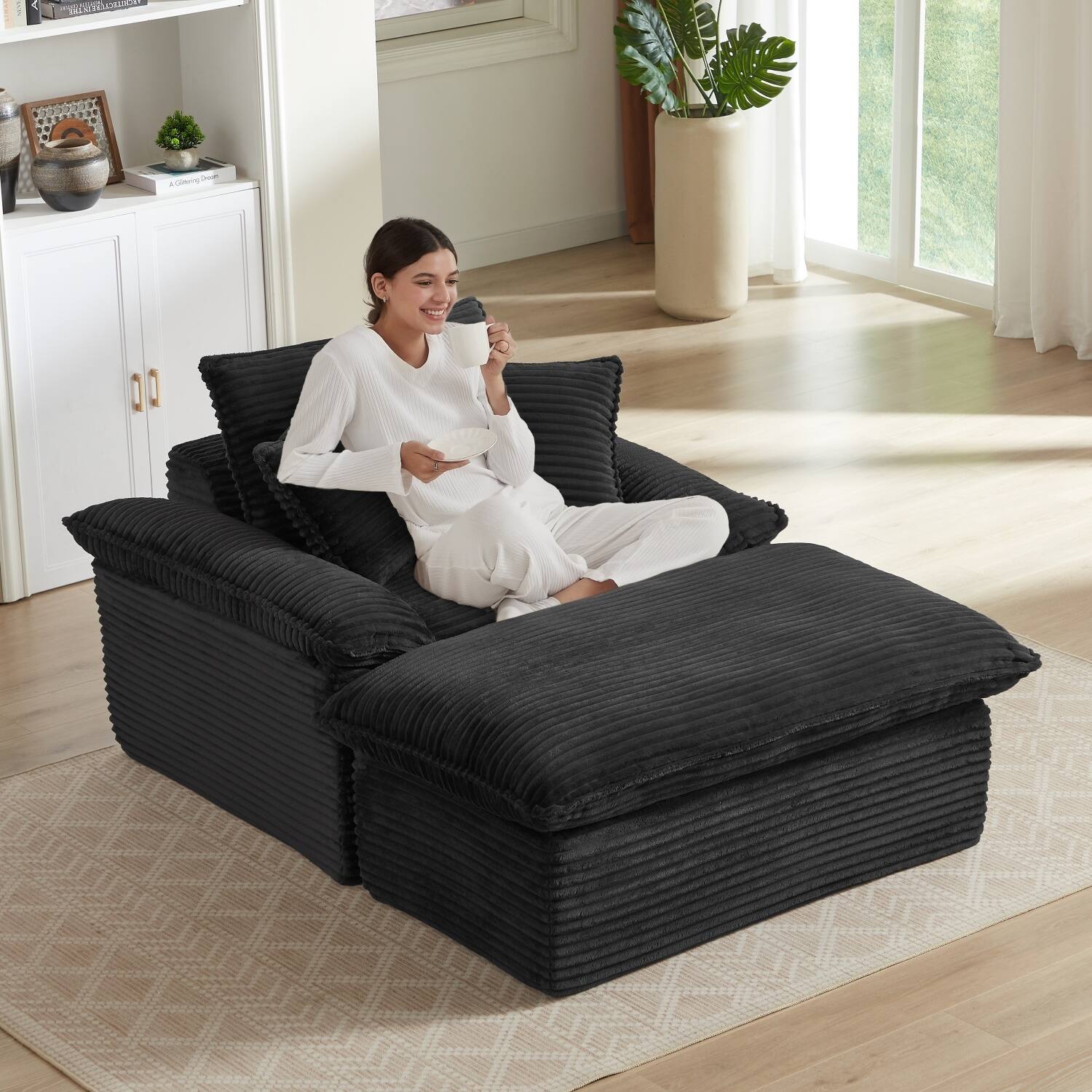 Alt View 1. Z-Edge - 52" modern cushioned compression sofa with unique footrest design, lounge chair for any room or office -Black - black.