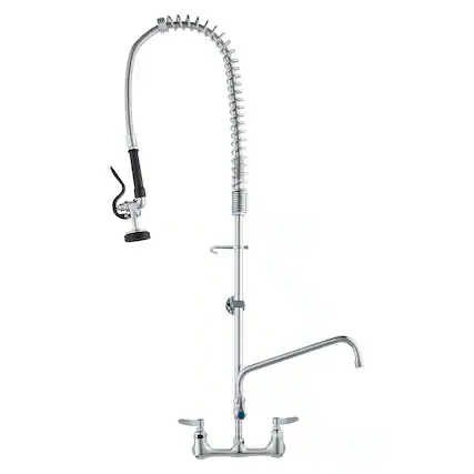 Front. VEVOR - Industrial Sink Faucet, 44" Tall, 8" Apart, 12" Rotating Spout, Wall Mounted, Brass Made with Extendable Sprayer - Silver.