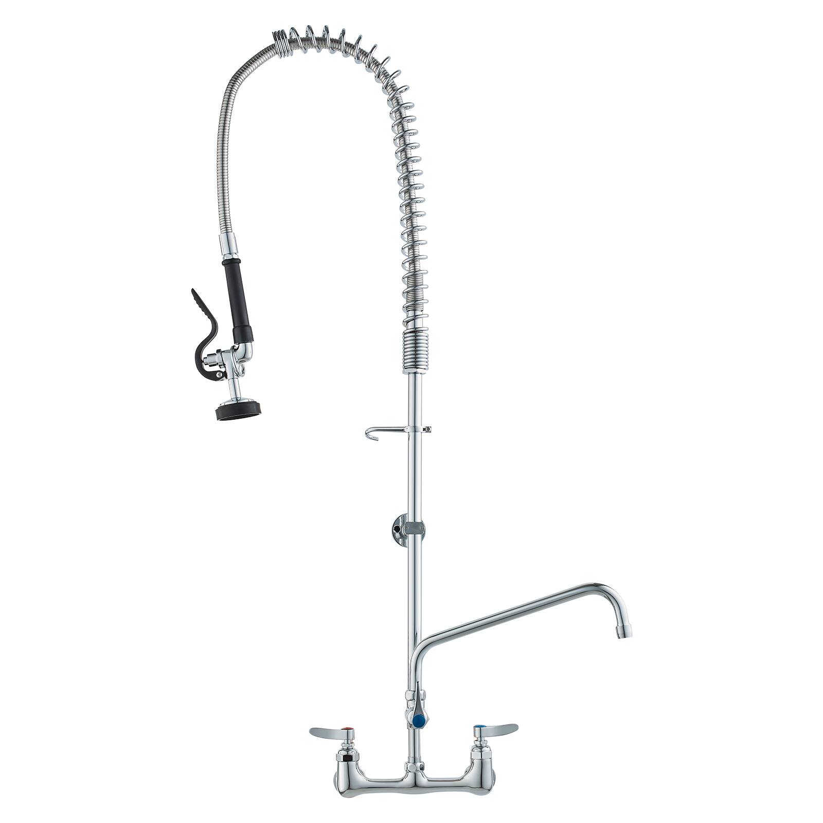 Front. VEVOR - Industrial Sink Faucet, 44" Tall, 8" Apart, 12" Rotating Spout, Wall Mounted, Brass Made with Extendable Sprayer - Silver.