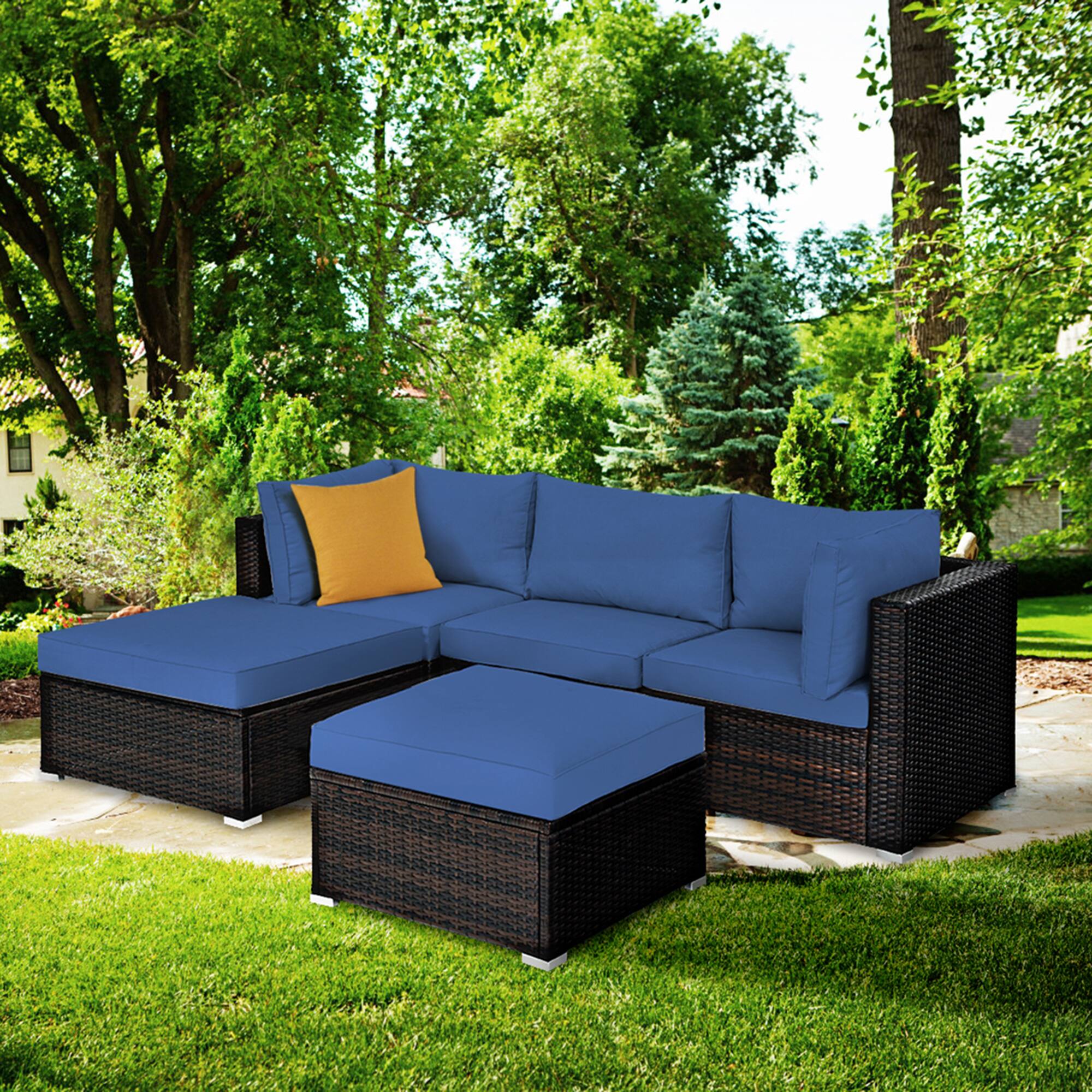 Alt View 2. Gymax - Gymax 5PCS Rattan Patio Conversation Set Outdoor Furniture Set w/ Ottoman Navy Cushion - Navy.