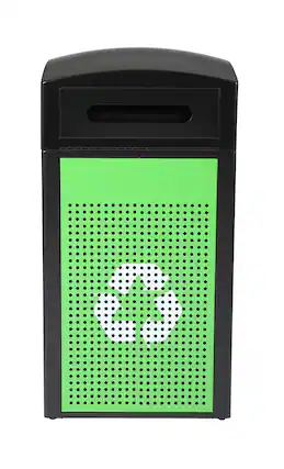 Front. Alpine Industries - 40 Gallon Steel Outdoor Commercial Recycling Trash Can with Dome Lid - Green -Square Opening Lid.