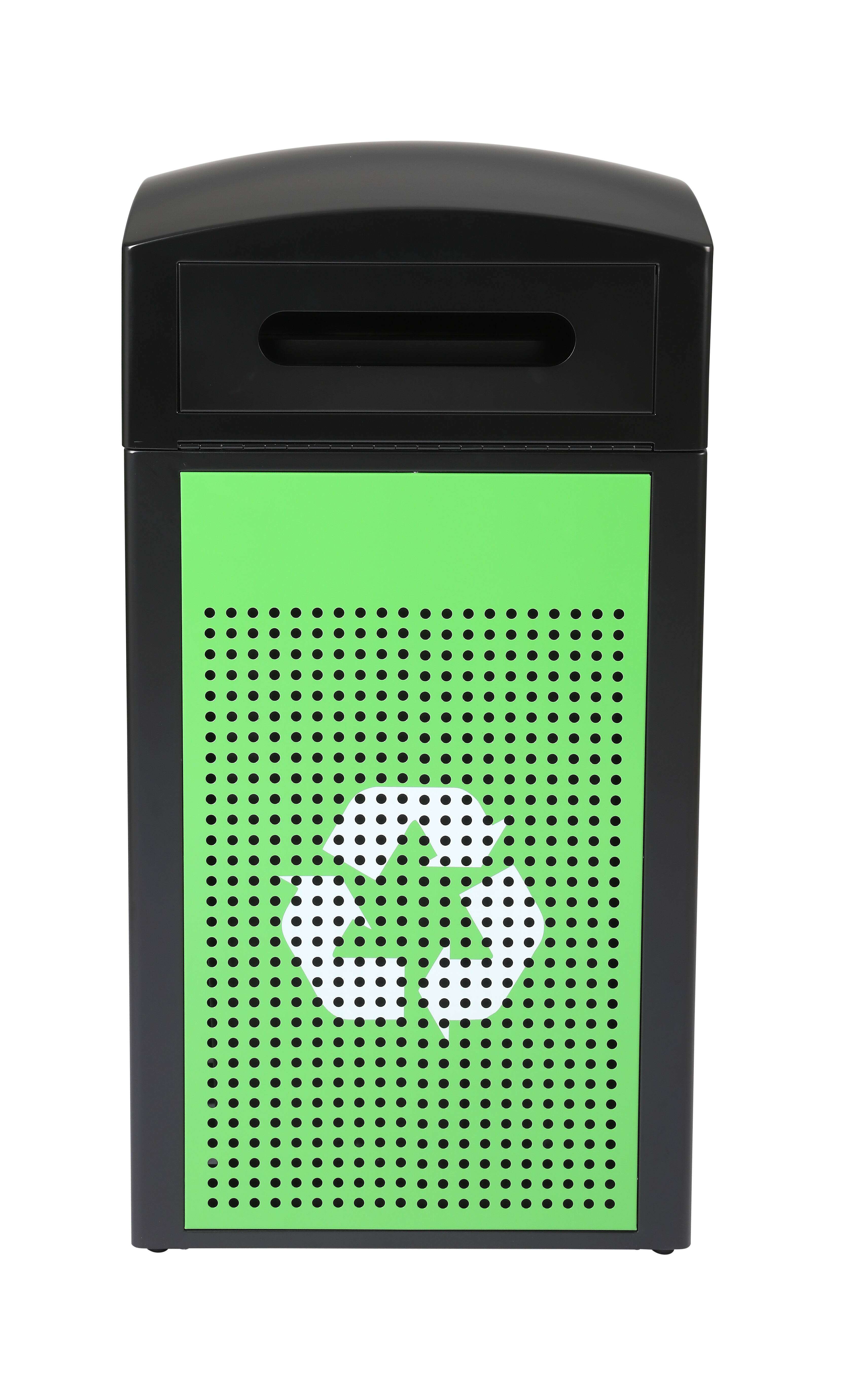 Front. Alpine Industries - 40 Gallon Steel Outdoor Commercial Recycling Trash Can with Dome Lid - Green -Square Opening Lid.