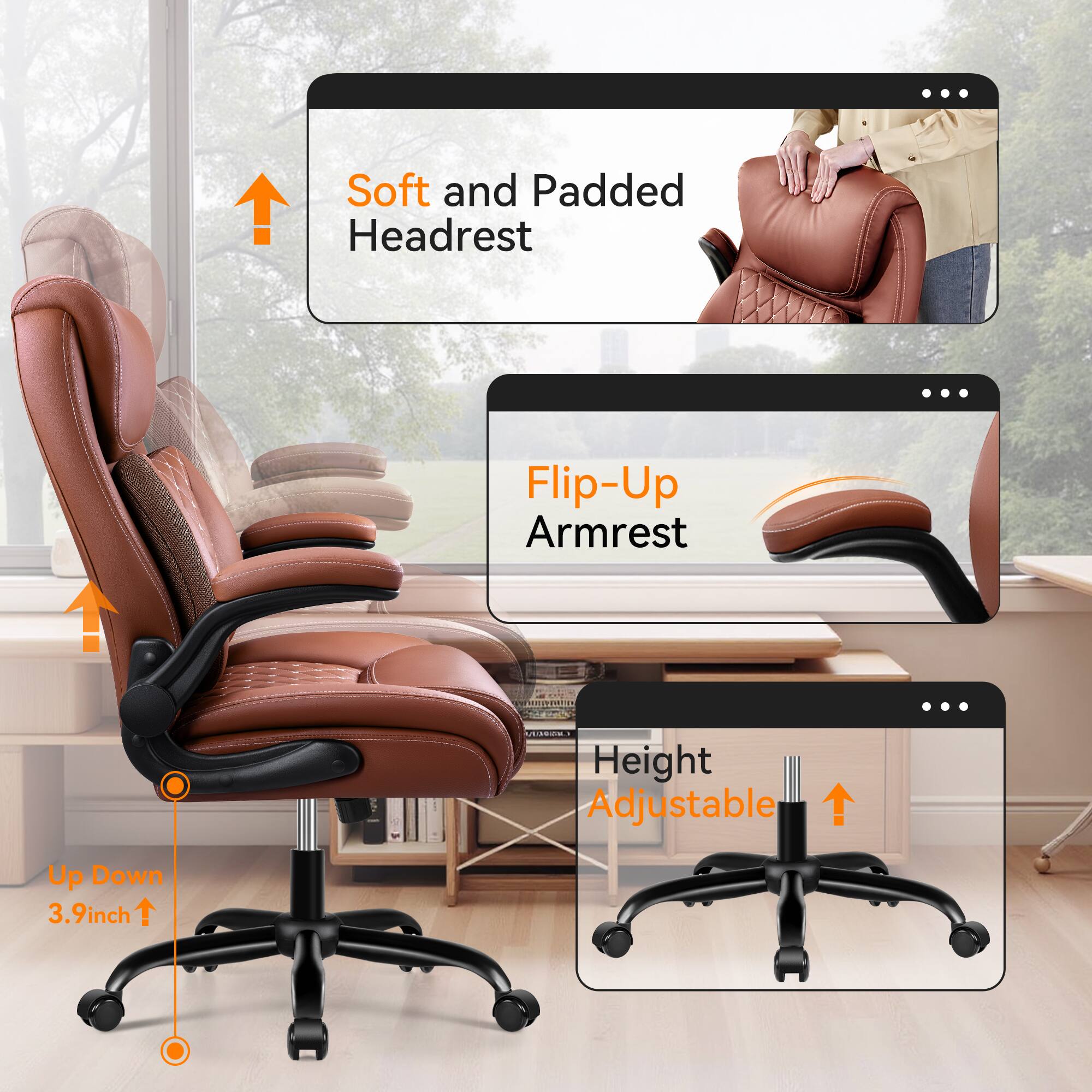 - Soft and Padded Headrest
- Flip-Up Armrest
- Height Adjustable Up Down 3.9inch