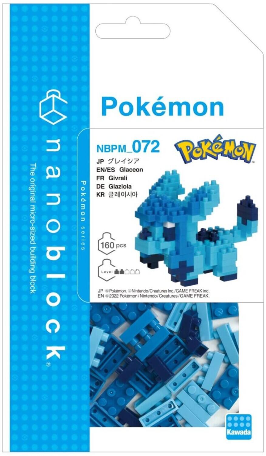 Pokemon NBPM_072  
The original micro-sized building block  
nanoblock  

JP グレイシア  
EN/ES Glaceon  
FR Givrali  
DE Glaziola  
KR 글레이시아  

160 pcs  
Level  

© Pokémon. © 2022 Pokémon/Nintendo/Creatures Inc./GAME FREAK inc.  
© Nintendo/Creatures/GAME FREAK.  

Kawada