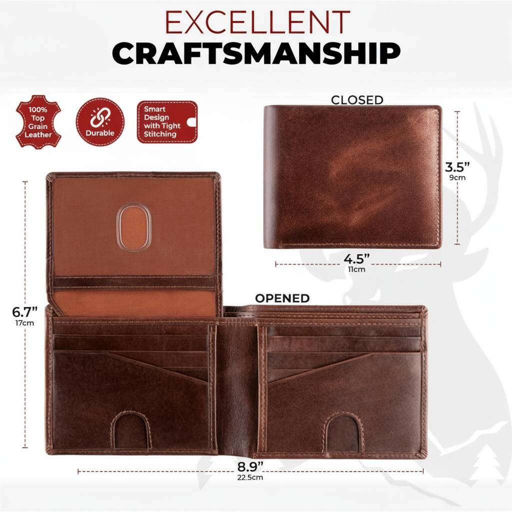 EXCELLENT CRAFTSMANSHIP

100% Top Grain Leather

Durable

Smart Design with Tight Stitching

CLOSED
4.5" 11cm
3.5" 9cm

OPENED
6.7" 17cm
8.9" 22.5cm