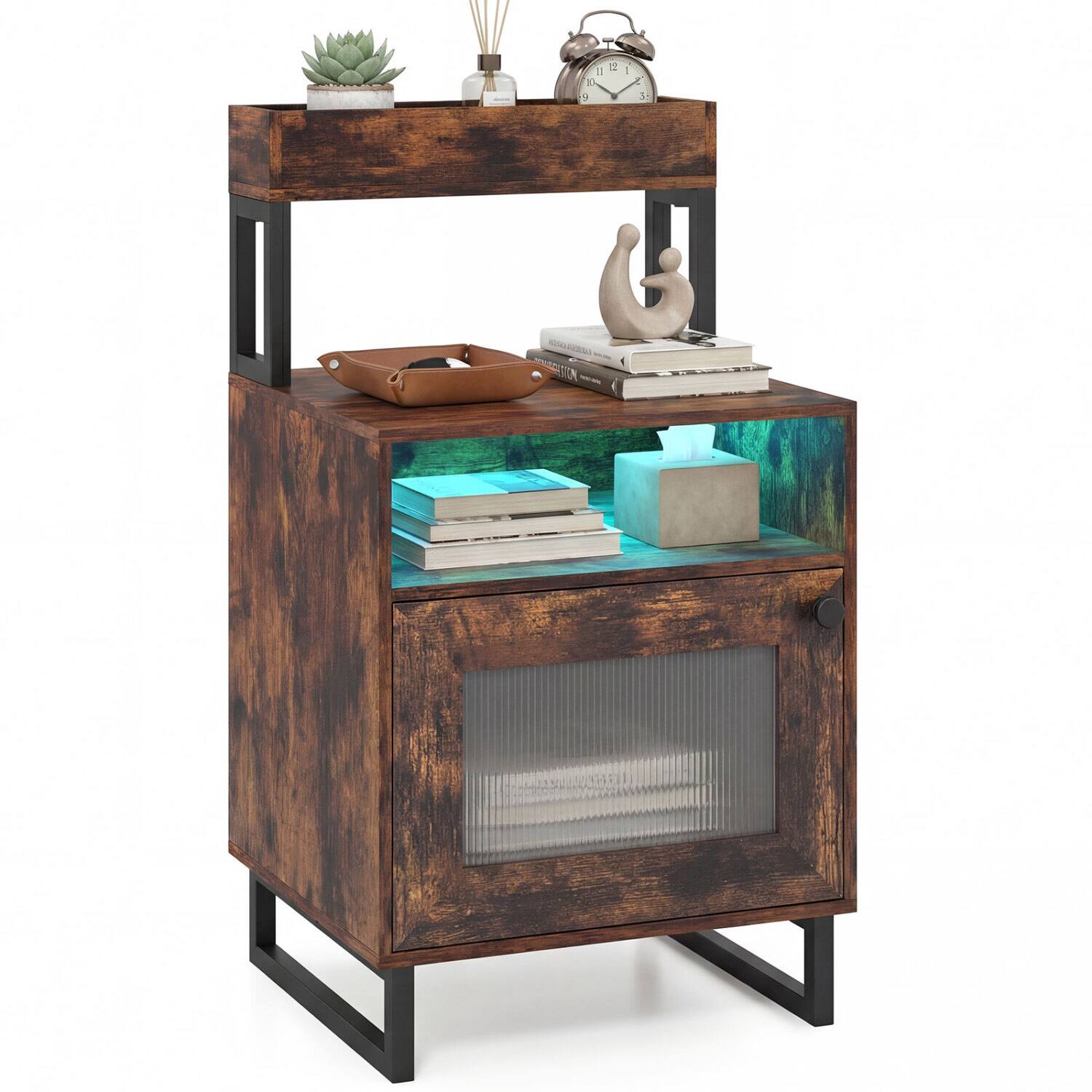 Alt View 3. WELLFOR - LED Nightstand with Top Tray Open Compartment and Storage Cabinet - Rustic Brown.