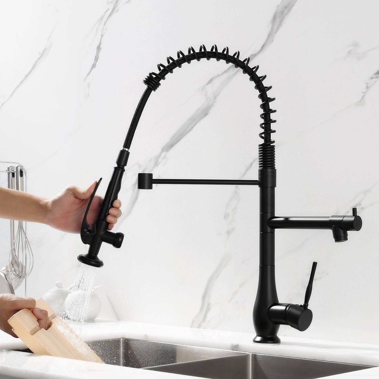 Alt View 5. Boyel Living - Matte Black Single Handle No Sensor Gooseneck Pull Down Sprayer Kitchen Faucet with Dual Function - Matte Black.