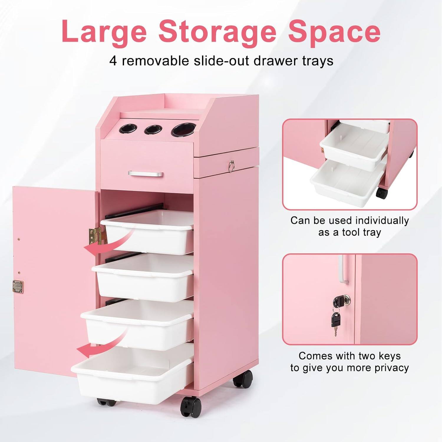 Large Storage Space  
4 removable slide-out drawer trays  

Can be used individually as a tool tray  

Comes with two keys to give you more privacy