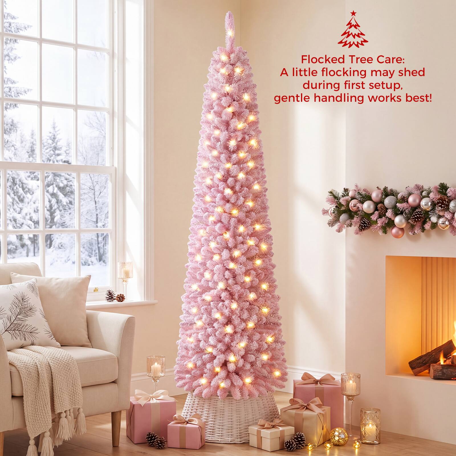 Flocked Tree Care: A little flocking may shed during first setup, gentle handling works best!