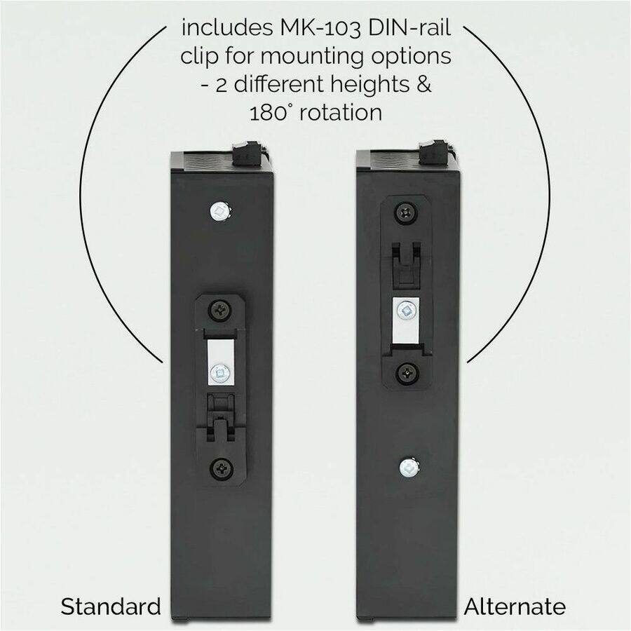 includes MK-103 DIN-rail clip for mounting options  
- 2 different heights & 180° rotation  

Standard  
Alternate