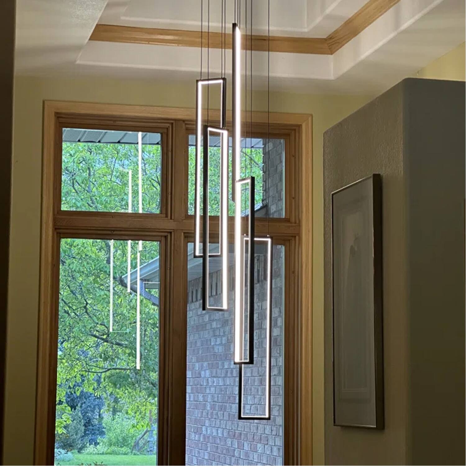 Left. Umeiluce - 5-Light Chandelier Long High Ceiling Cluster Pendant for Hallway Staircase Remote Dimmable - matte black.