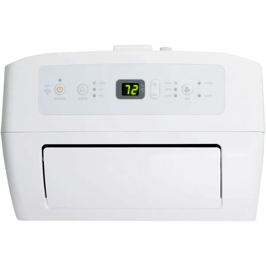 The image shows a white appliance with a digital display that reads "72 2". The appliance has a fan timer and a sleep mode. The display also shows the current mode, which is "cool dry".