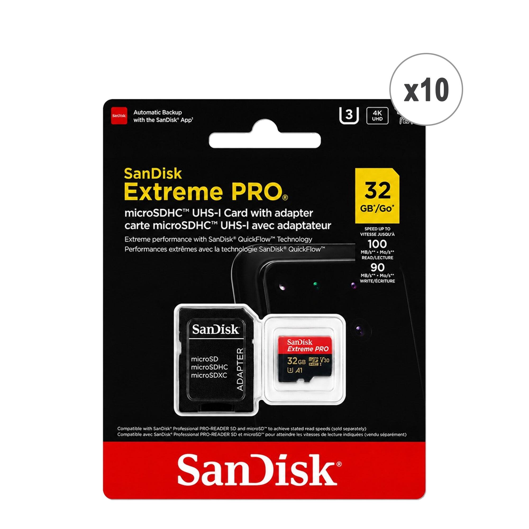 Automatic Backup with the SanDisk App

SanDisk Extreme PRO
microSDHC™ UHS-I Card with adapter
carte microSDHC™ UHS-I avec adaptateur

Extreme performance with SanDisk* QuickFlow™ Technology
Performances extrêmes avec la technologie SanDisk* QuickFlow

32 GB
SPEED UP TO VITESSE JUSQUA 100 MB/s READ/LECTURE 90 / WRITE/ECRITURE

SanDisk microSD microSDHC ADAPTER microSDXC
SanDisk Extreme PRO 32G GB D V30 - A1

Compatible with SanDisk* Professional PRO-READER SD and microSD to achieve stated read speeds (sold separately)
Compatible avec SanDisk* Professional PRO-READER SD et microSD pour atteindre les vitesses de lecture indiquées (vendu séparément)