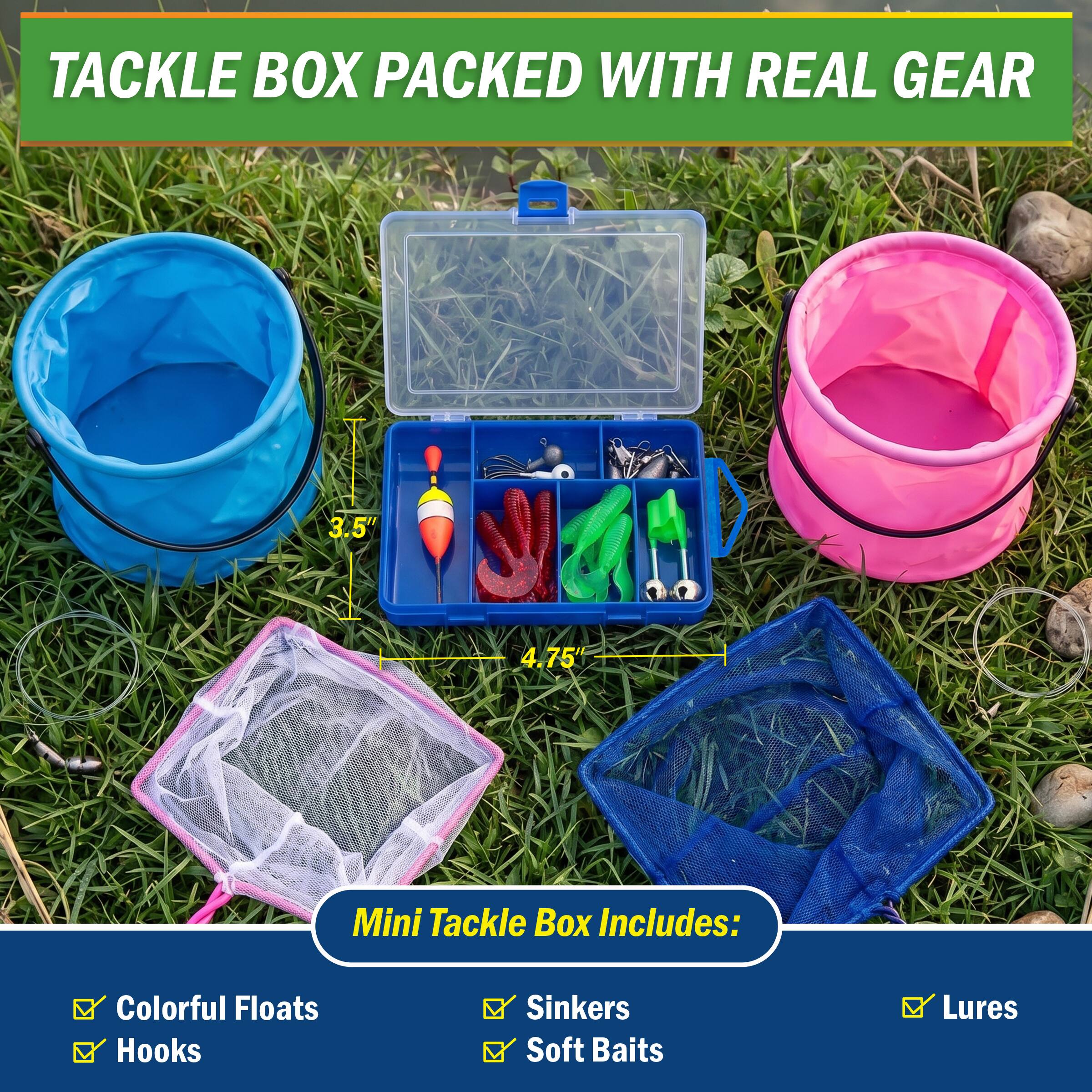 TACKLE BOX PACKED WITH REAL GEAR

3.5"
4.75"

Mini Tackle Box Includes:
- Colorful Floats
- Hooks
- Sinks
- Soft Baits
- Lures