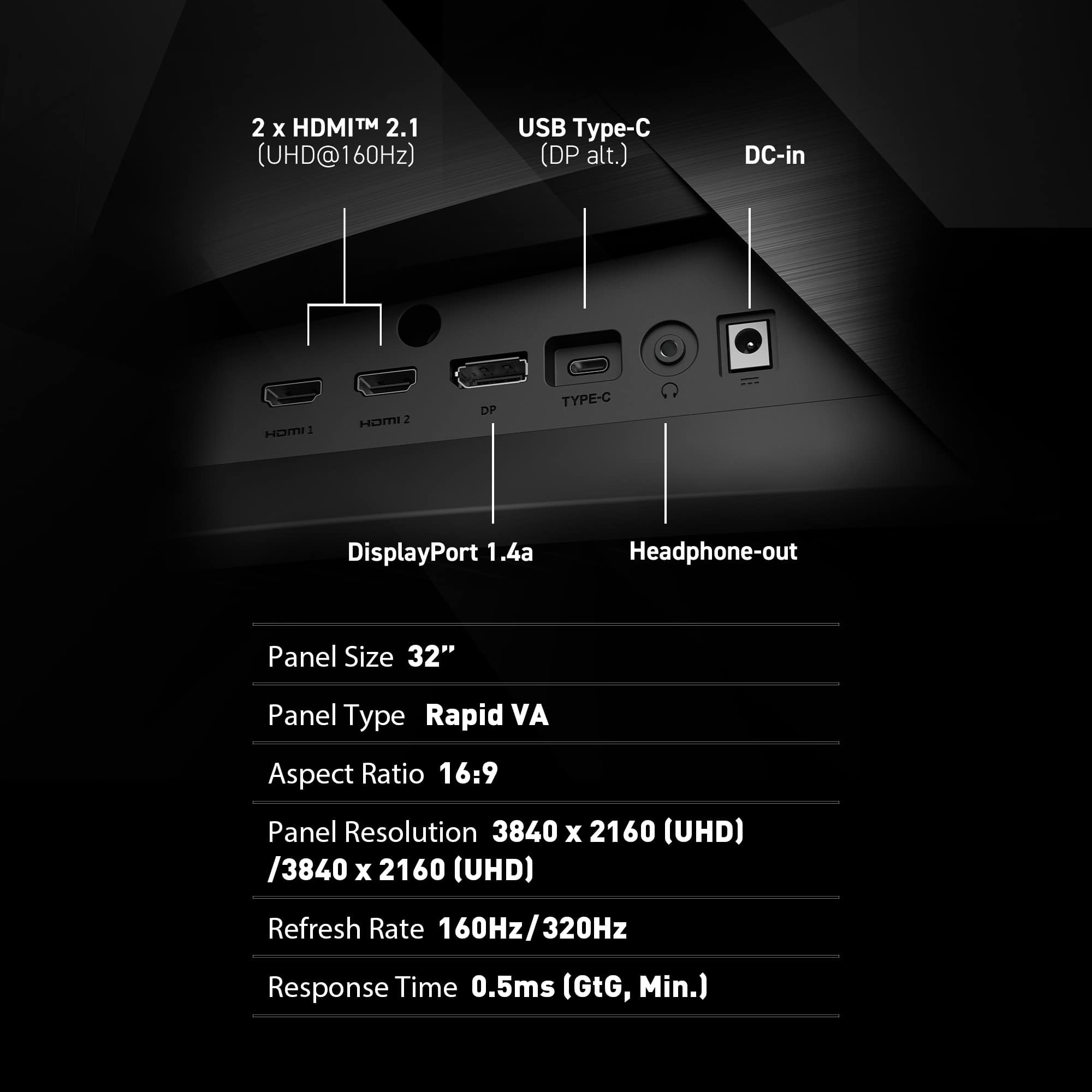 DisplayPort 1.4a Headphone-out Panel Size 32" Panel Type Rapid VA Aspect Ratio 16:9 Panel Resolution 3840 x 2160 (UHD) / 3840 x 2160 (UHD) Refresh Rate 160Hz / 320Hz Response Time 0.5ms (GtG, Min.)