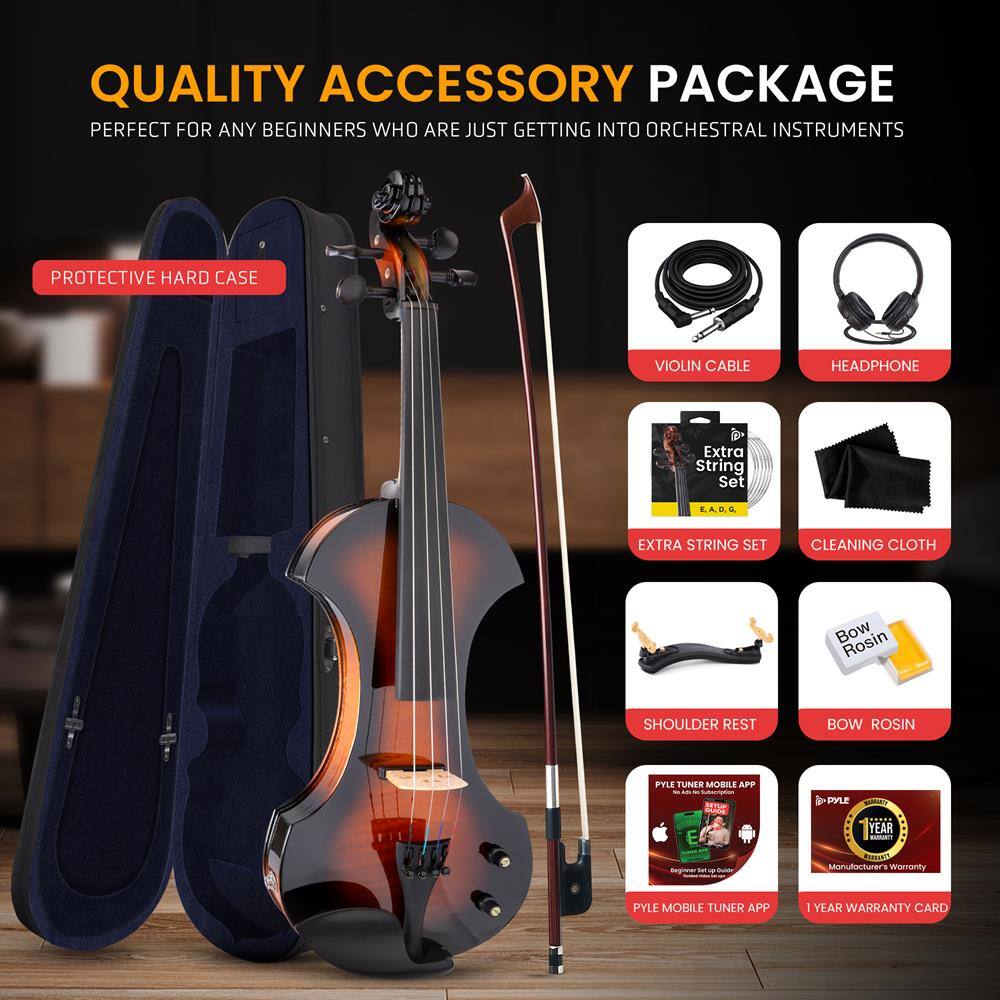QUALITY ACCESSORY PACKAGE  
PERFECT FOR ANY BEGINNERS WHO ARE JUST GETTING INTO ORCHESTRAL INSTRUMENTS  

- PROTECTIVE HARD CASE  
- VIOLIN CABLE  
- HEADPHONE  
- EXTRA STRING SET (E.A.D.G.)  
- CLEANING CLOTH  
- SHOULDER REST  
- BOW ROSIN  
- PYLE MOBILE TUNER APP  
- 1 YEAR WARRANTY CARD  

Manufacturers Warranty