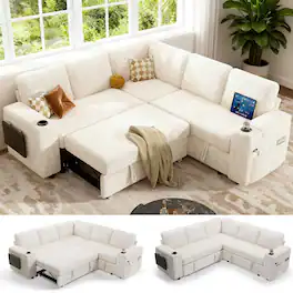 Dyonery - 5 Seat Modular Sectional Sleeper Sofa with Pull Out Bed, L Shaped with Reclining Backrest,Chenille Beige - Beige